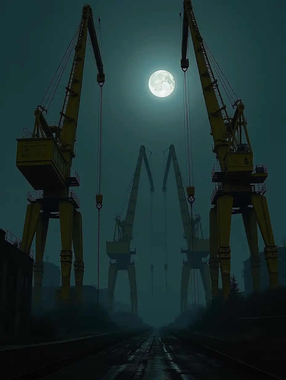 Giant cranes made of yellow metal, with chains and rails, extending into the darkness. The style is cyberpunk, dark and futuristic. There is a full moon in the sky, piercing a thick cloud. In the background, you can see the main buildings without windows, as if they had been abandoned for a long time.