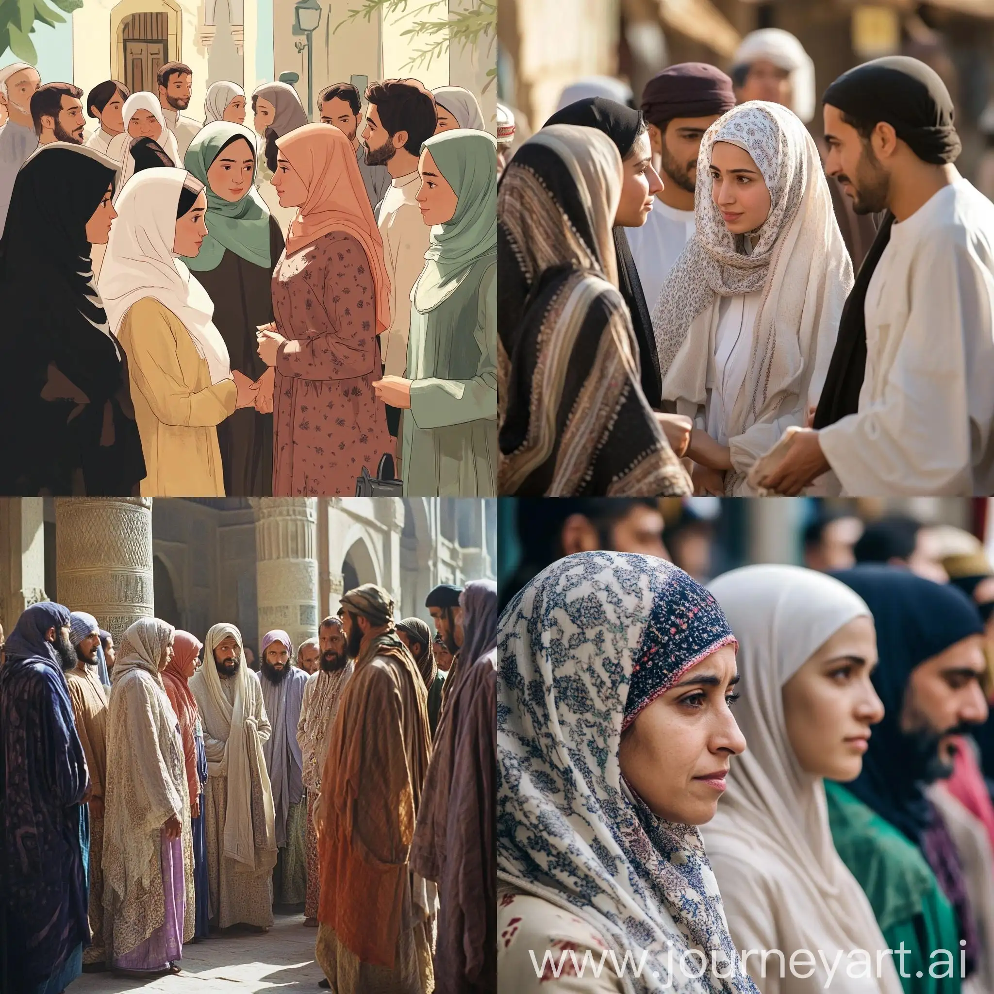 Muslim-Men-in-Traditional-Attire-Whispering-in-Mosque-Courtyard