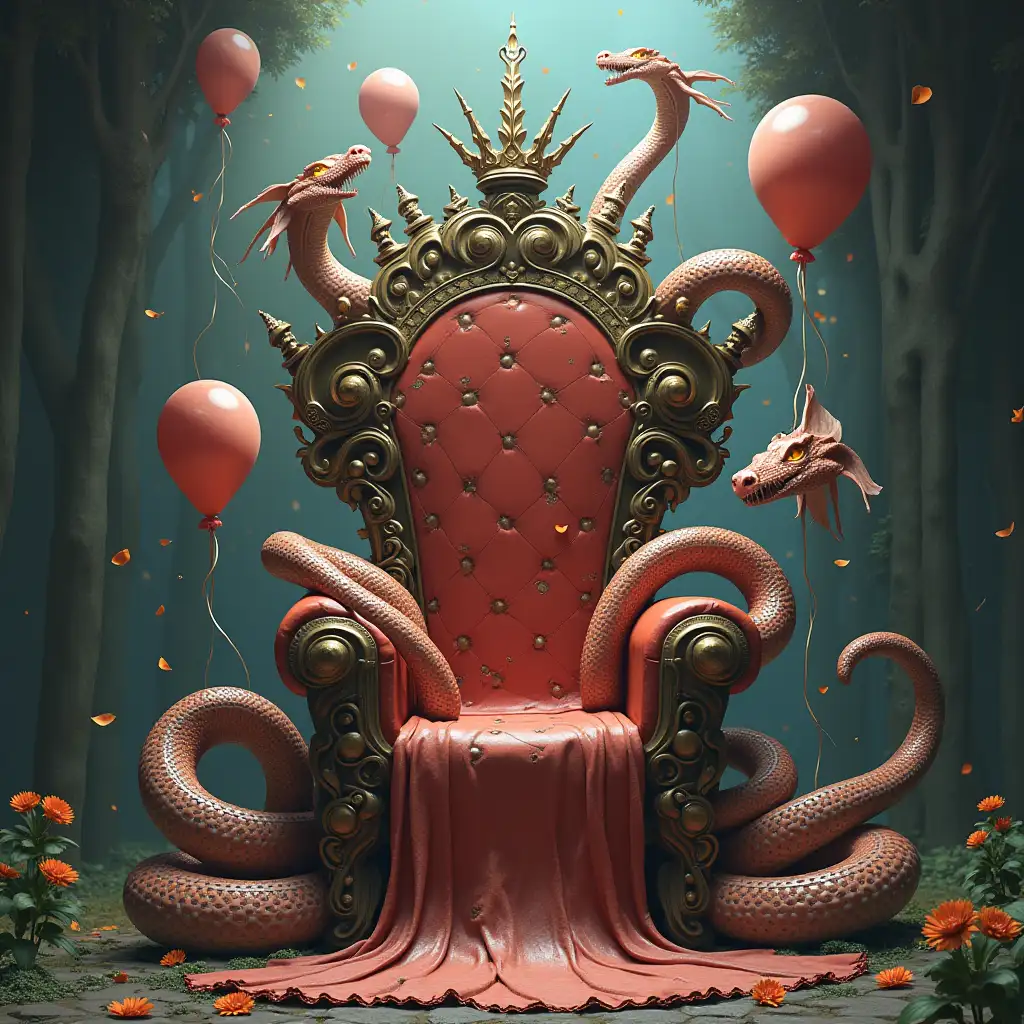 a fantasy throne made of snakes and balloon creatures