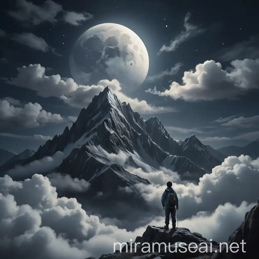 Person Gazing at the Moon Over a Mountain Landscape