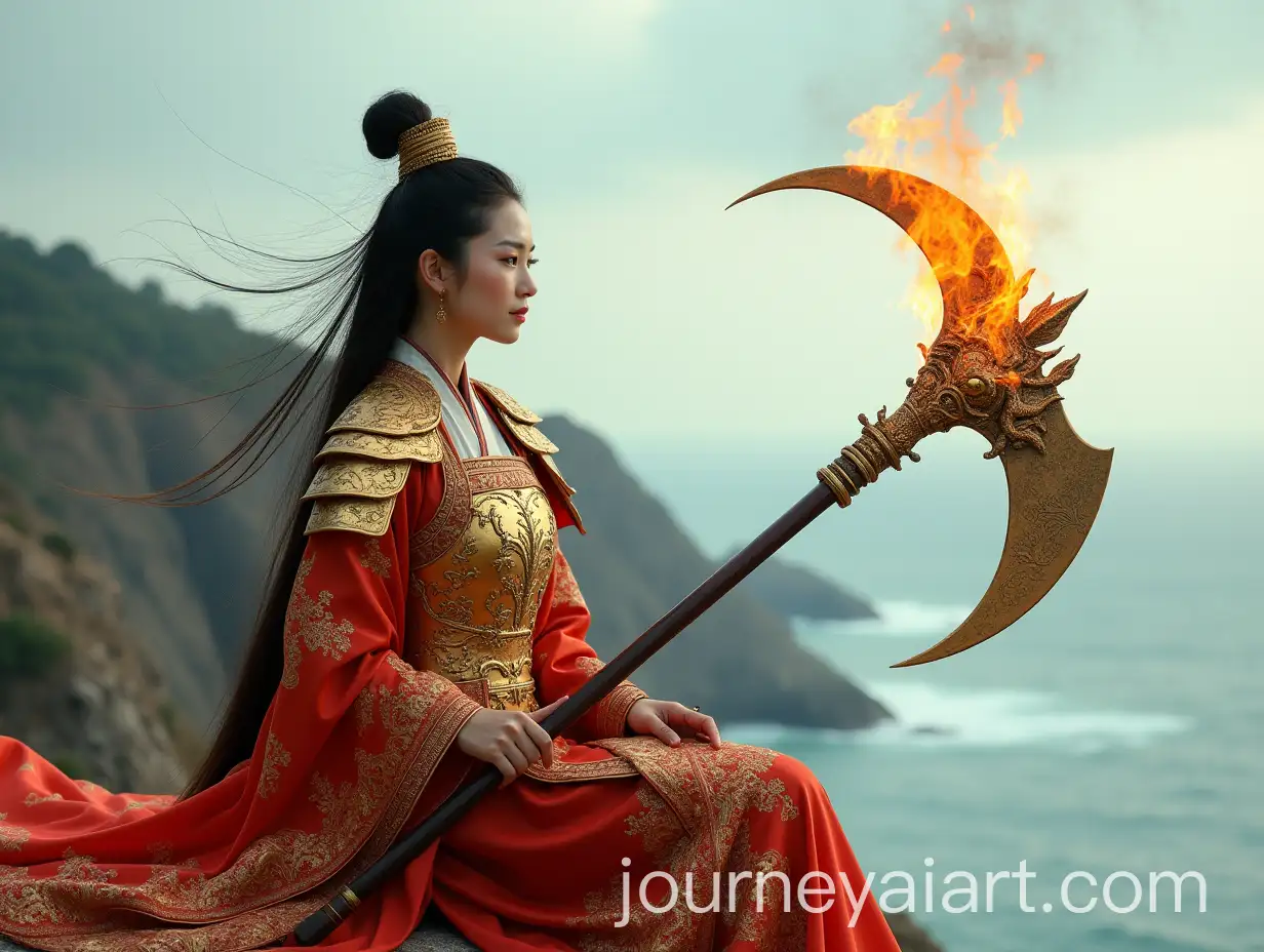 Asian-Warrior-in-Golden-Battle-Armor-Sipping-Wine-on-Cliff-Overlooking-the-Sea