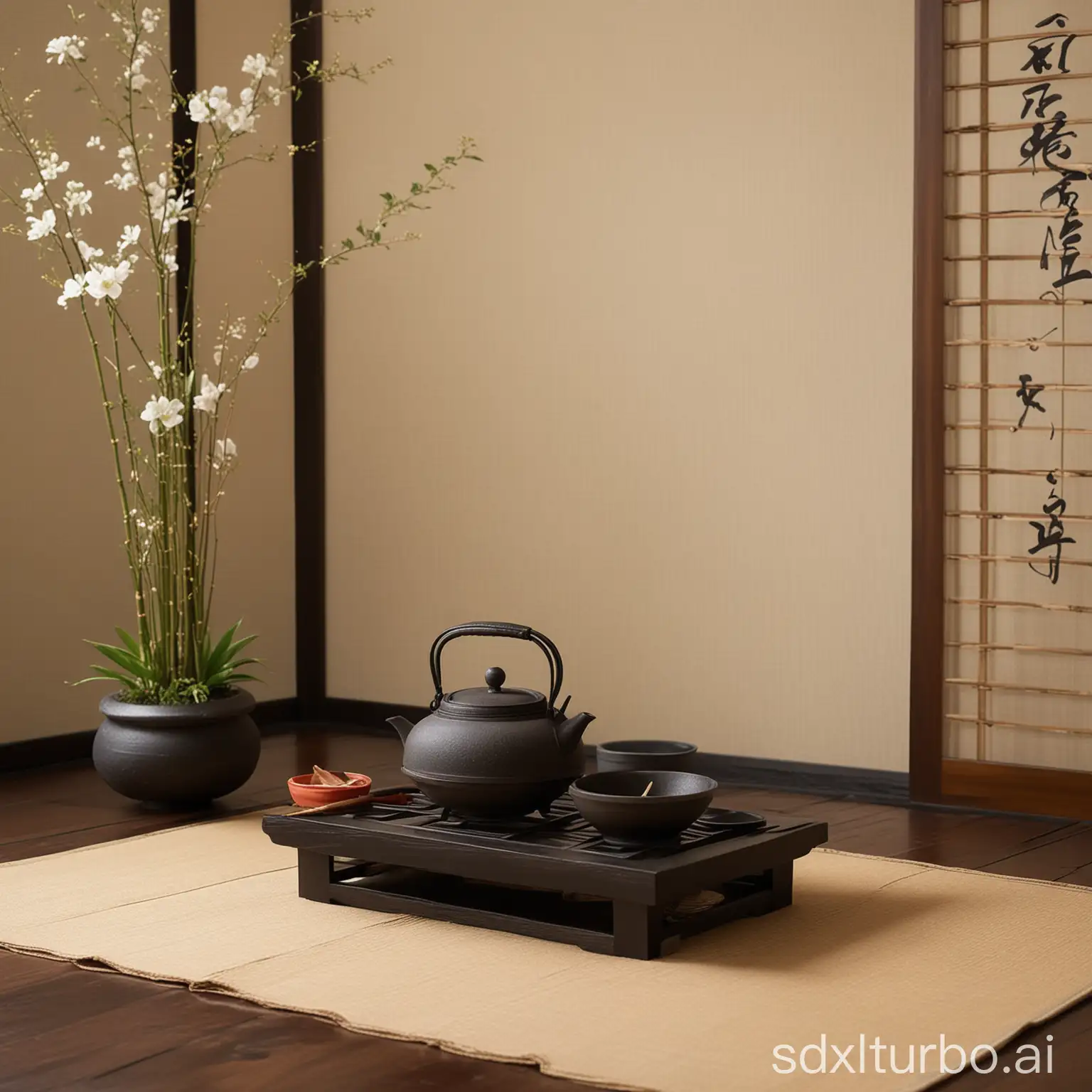 Create an ultra-realistic digital image of a traditional Japanese tea ceremony. The scene is set in a serene, tatami-matted room with sliding shoji doors that open to a view of a peaceful Japanese garden. The setting includes traditional elements like  a chawan (tea bowl), a bamboo tea whisk (chasen), a small lacquered tea caddy (natsume), and a cast-iron kettle (tetsubin) resting on a sunken hearth (ro). A tokonoma (alcove) in the background displays a hanging scroll with calligraphy and an ikebana flower arrangement. The soft, natural lighting highlights the calm and meticulous atmosphere of the ceremony, capturing the essence of this iconic aspect of Japanese culture.