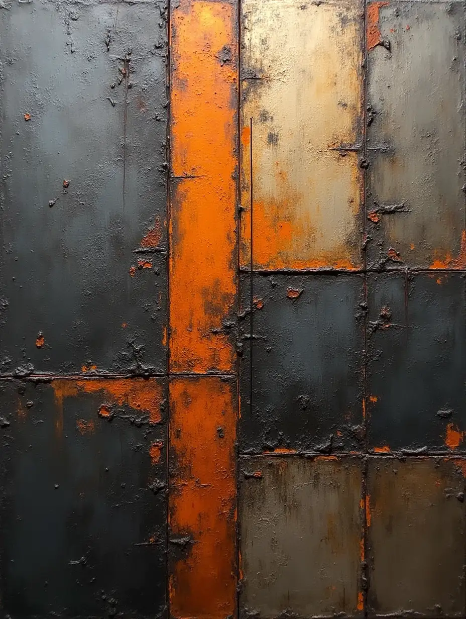 Design an abstract piece with a modern, industrial vibe using shades of steel gray, rust orange, and charcoal black. Incorporate rough textures, grid-like patterns, and metallic highlights to emphasize the theme