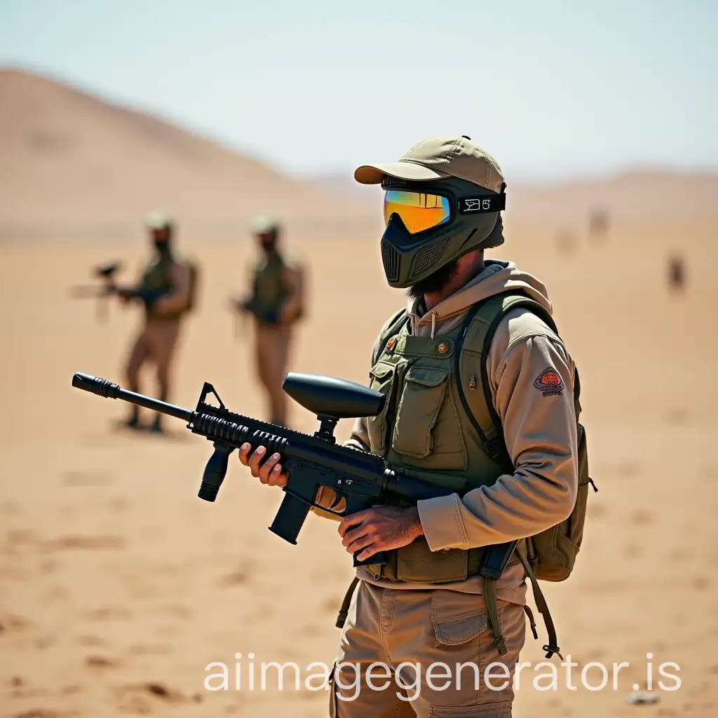 Paintball-Player-and-Team-in-Desert-Landscape-with-Paintball-Guns