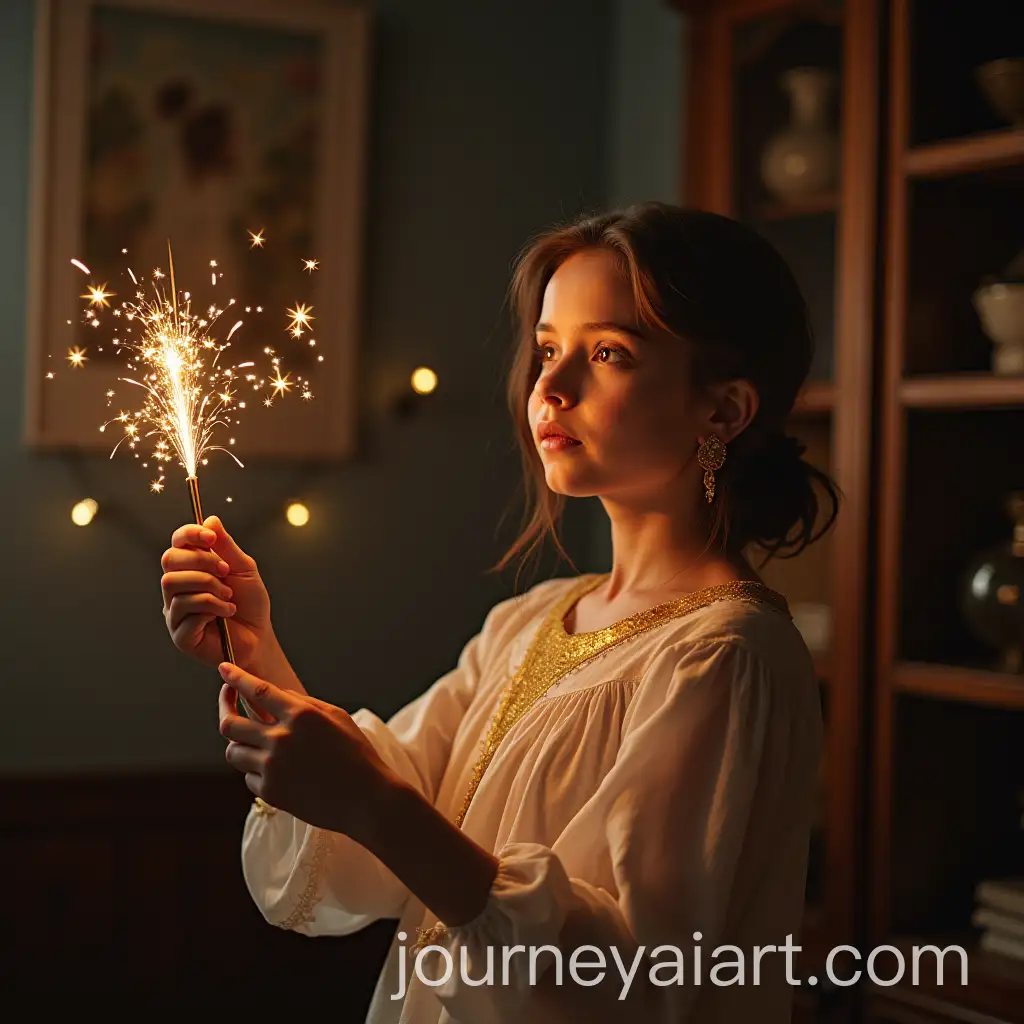 Woman-Handing-Lily-a-Shimmering-Gold-Paintbrush-in-Cozy-Living-Room