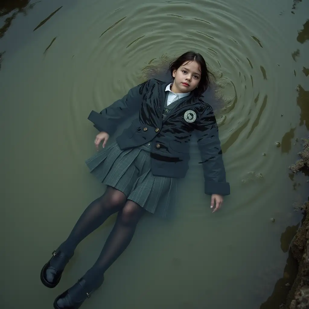 A young schoolgirl in a school uniform, in a skirt, jacket, blouse, dark tights, high-heeled shoes. She is swimming in a dirty pond, lying underwater, all her clothes are completely wet, wet clothes stick to her body, the whole body is underwater, submerged in water, under the surface of the water, below the water's edge.