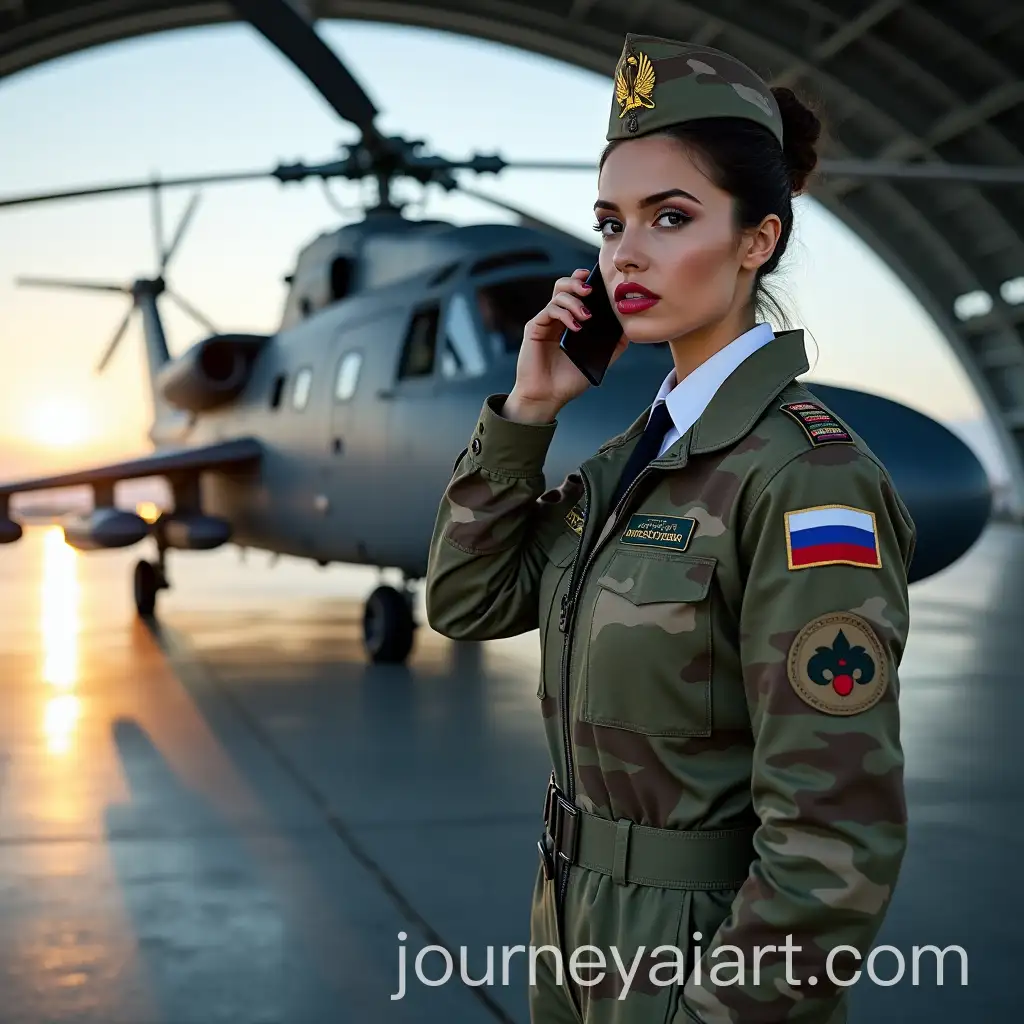 Russian-Female-Military-Pilot-in-Camouflage-with-Satellite-Phone-Near-Mi28N-Helicopter-in-Hangar