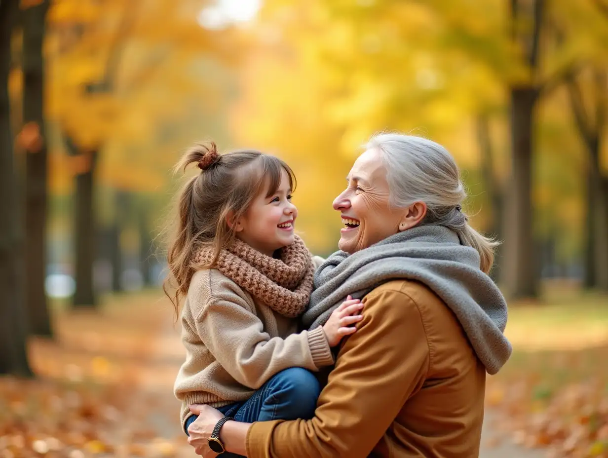 A joyful grandmother and her granddaughter share a playful moment in a vibrant autumn park, surrounded by colorful leaves