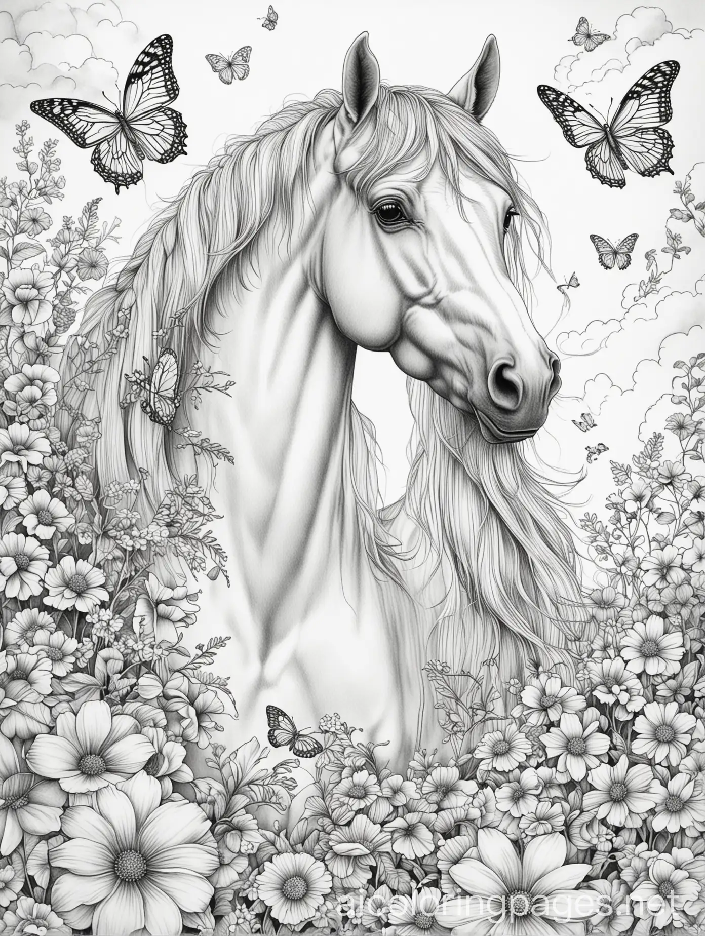 Coloring-Page-Horse-with-Flowers-Clouds-and-Butterflies