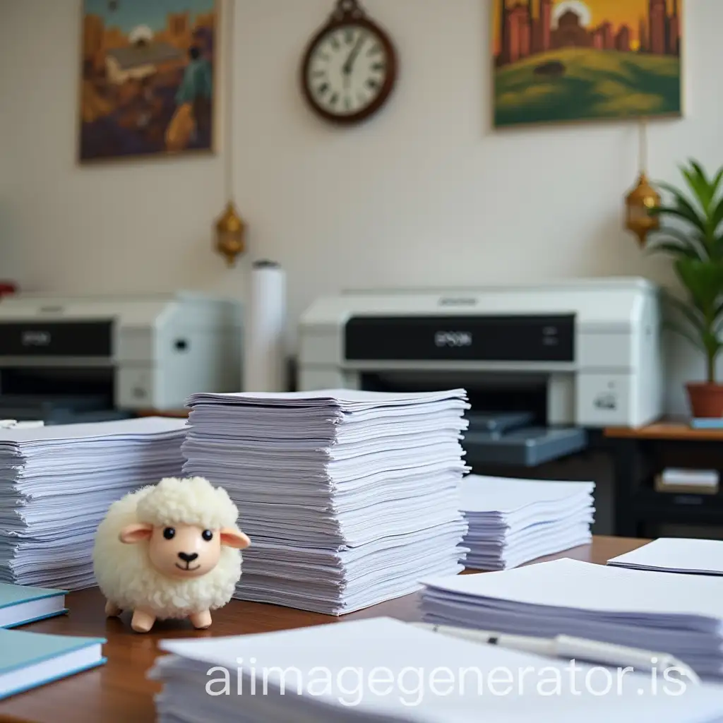 A professional print shop background with printed paper stacks, Epson ink printers, Ricoh laser printers, printed notebooks, and rolled banners. In one corner, there's a cute sheep representing Eid al-Adha celebration. The scene combines a modern printing environment with festive, warm Eid vibes. Natural lighting, clean layout, slight festive decoration.