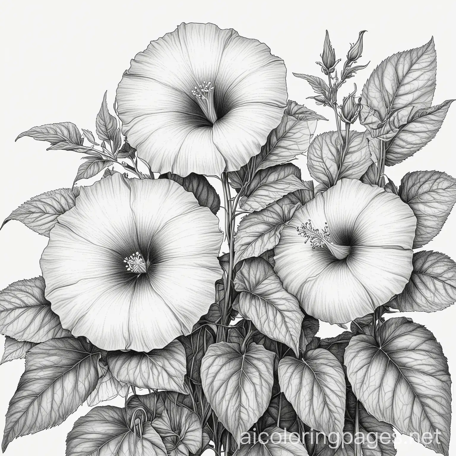 Hawiian plant blue morning glory, Coloring Page, black and white, line art, white background, Simplicity, Ample White Space. The background of the coloring page is plain white to make it easy for young children to color within the lines. The outlines of all the subjects are easy to distinguish, making it simple for kids to color without too much difficulty