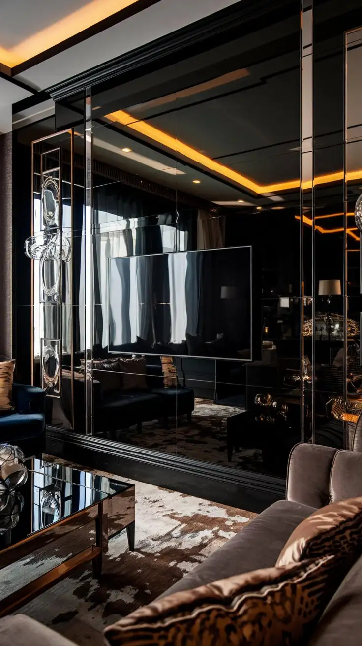 Glamorous-Living-Room-with-HighGloss-Black-Acrylic-Wall-Panels-and-Dramatic-Lighting