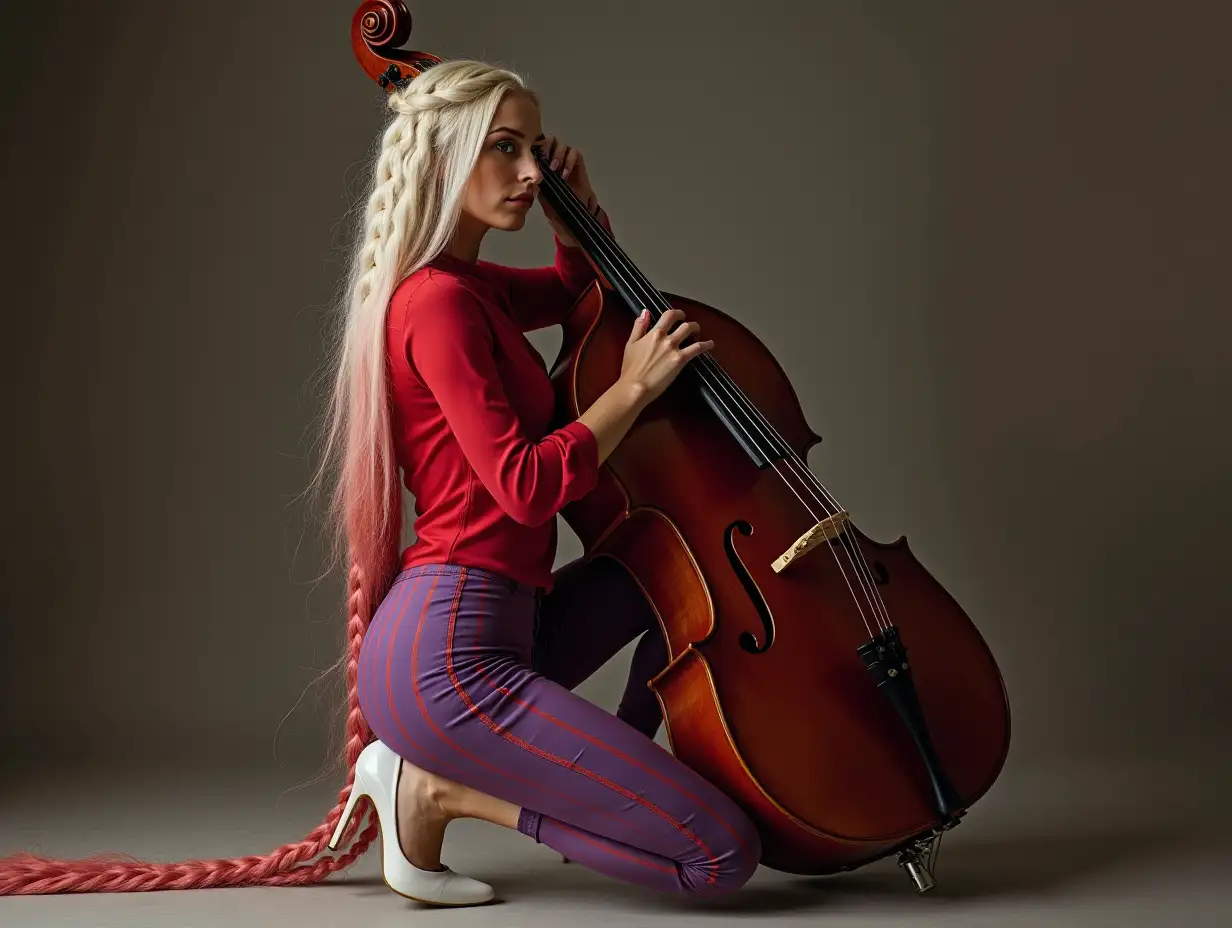 Ultradetailed, hyperrealistic, photo realistic portrait of a woman with long braided white-red mixed hair reaching the floor, red blouse, white high heels and tight violet striped short pants, playing with a double bass, surfaces and lighting to create depth, dimension and a colorful photo realistic appearance, 120mm shot