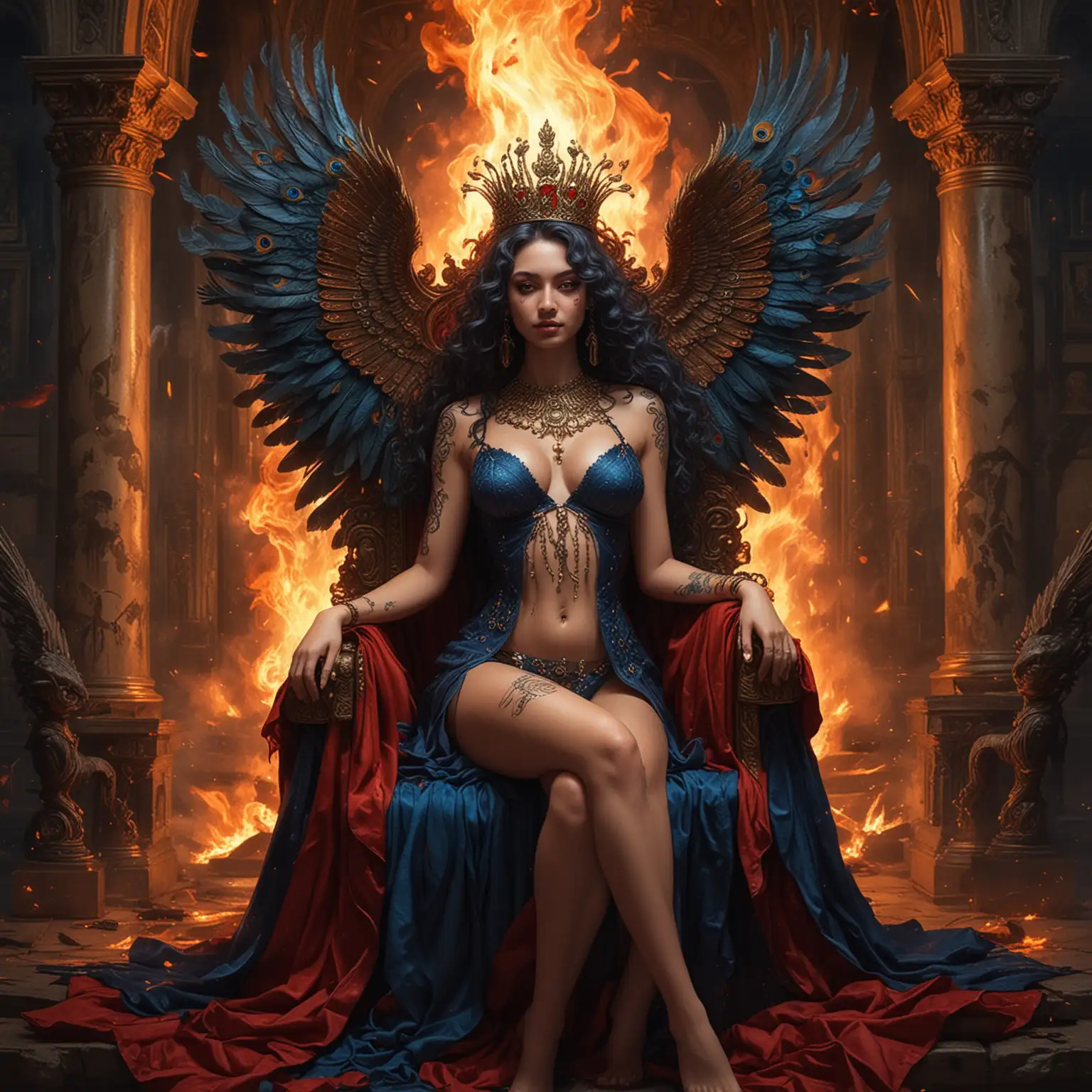 Adolescent Empress Goddesses with Fiery Wings and Demonic Thrones