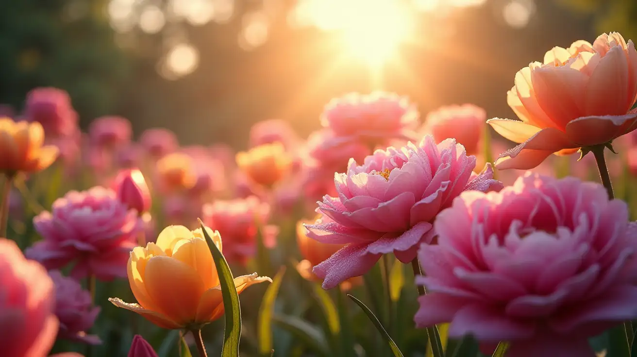 A breathtakingly vibrant garden overflowing with diverse, lush flowers in full bloom—roses, peonies, tulips, hydrangeas, and lavender—creating a mesmerizing tapestry of colors. Ultra-realistic, high-detail photography captured with a high-end DSLR camera (Canon EOS R5 or Nikon D850) using a 16:9 aspect ratio.nnComposition & Lighting:nnPerfectly framed wide-angle shot with a shallow depth of field (f/1.8), focusing sharply on the foreground flowers while softly blurring the background into a dreamy bokeh.nnGolden hour sunlight diffusing through petals, casting warm, ethereal glows and delicate shadows.nnMorning dew droplets glistening on petals for added realism.nnAtmosphere & Enhancements:nnSlightly misty background to enhance depth.nnHyper-detailed textures (visible pollen, delicate veins on petals).nnNatural color grading—vivid but not oversaturated.nnProfessional studio-quality lighting with subtle lens flare for cinematic richness.