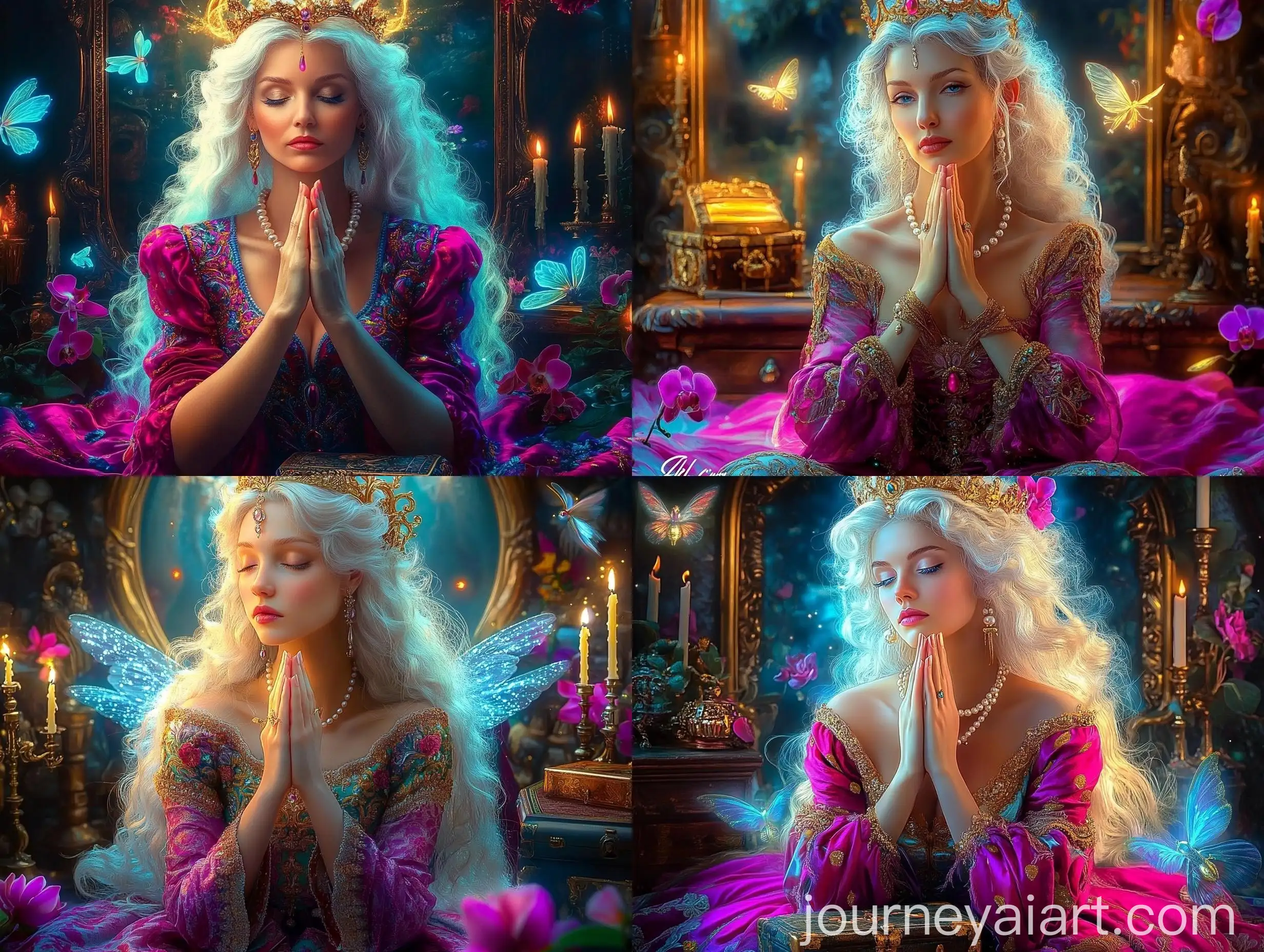 Medieval-Woman-in-Prayer-with-Orchids-and-Fairy-Lights