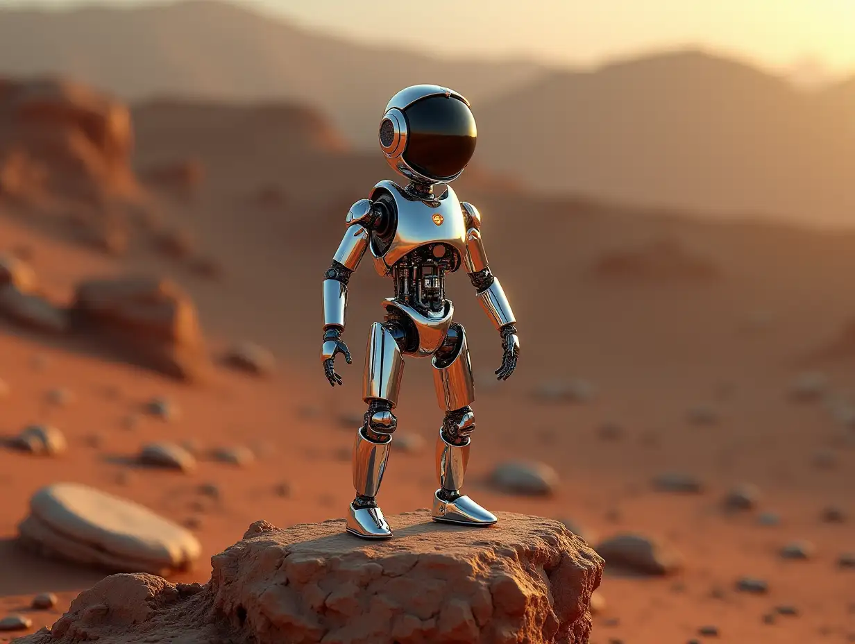 Create a high-resolution, realistic image of the artificial intelligence Robert with torso, legs and feet made of metal and glass head with gears, light waveguides, LED on Mars on a rock. Light 4k resolution on