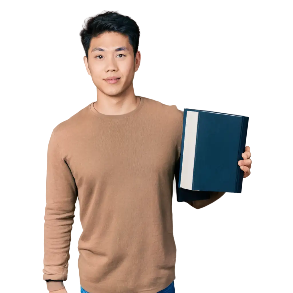 A Asian man is carrying a half-body book