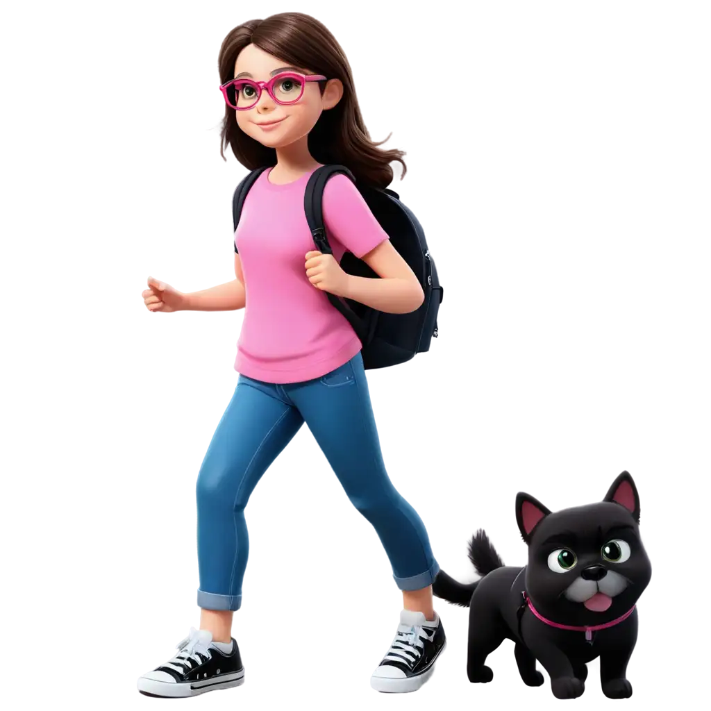 Realistic-Cartoon-Character-PNG-11YearOld-Girl-with-Dog-and-Backpack