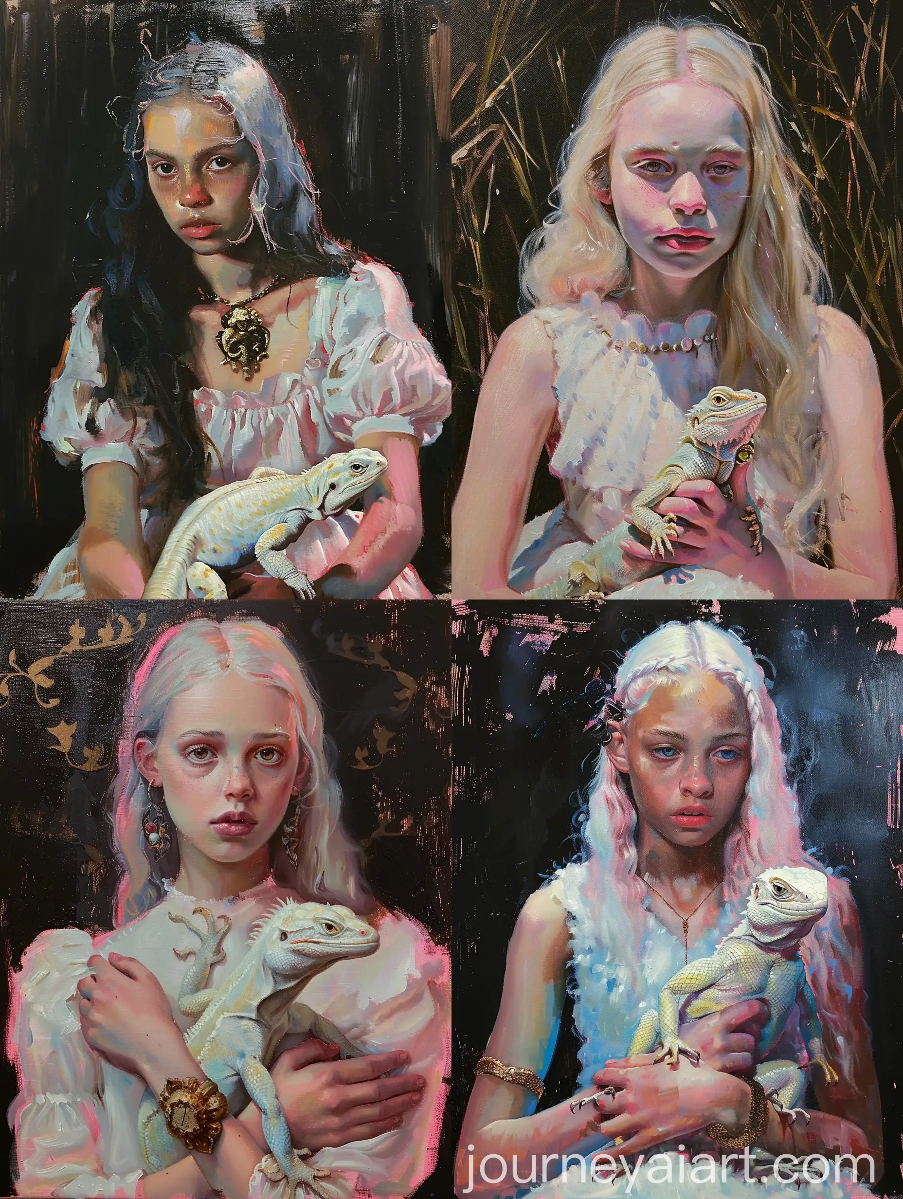 Oil-Painting-of-a-Girl-Sitting-with-a-Bright-White-Lizard