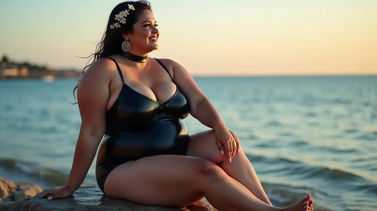 Confident-Woman-with-Reflective-Latex-Outfit-Enjoying-Sunset-by-the-Sea