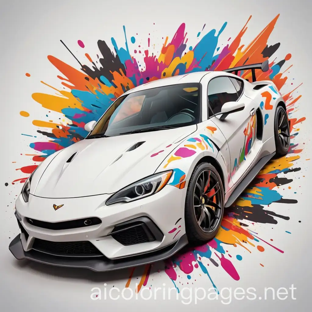 Modern modified uplifted  sports car speeding colorful background  graffiti art, Coloring Page, black and white, line art, white background, Simplicity, Ample White Space. The background of the coloring page is plain white to make it easy for young children to color within the lines. The outlines of all the subjects are easy to distinguish, making it simple for kids to color without too much difficulty