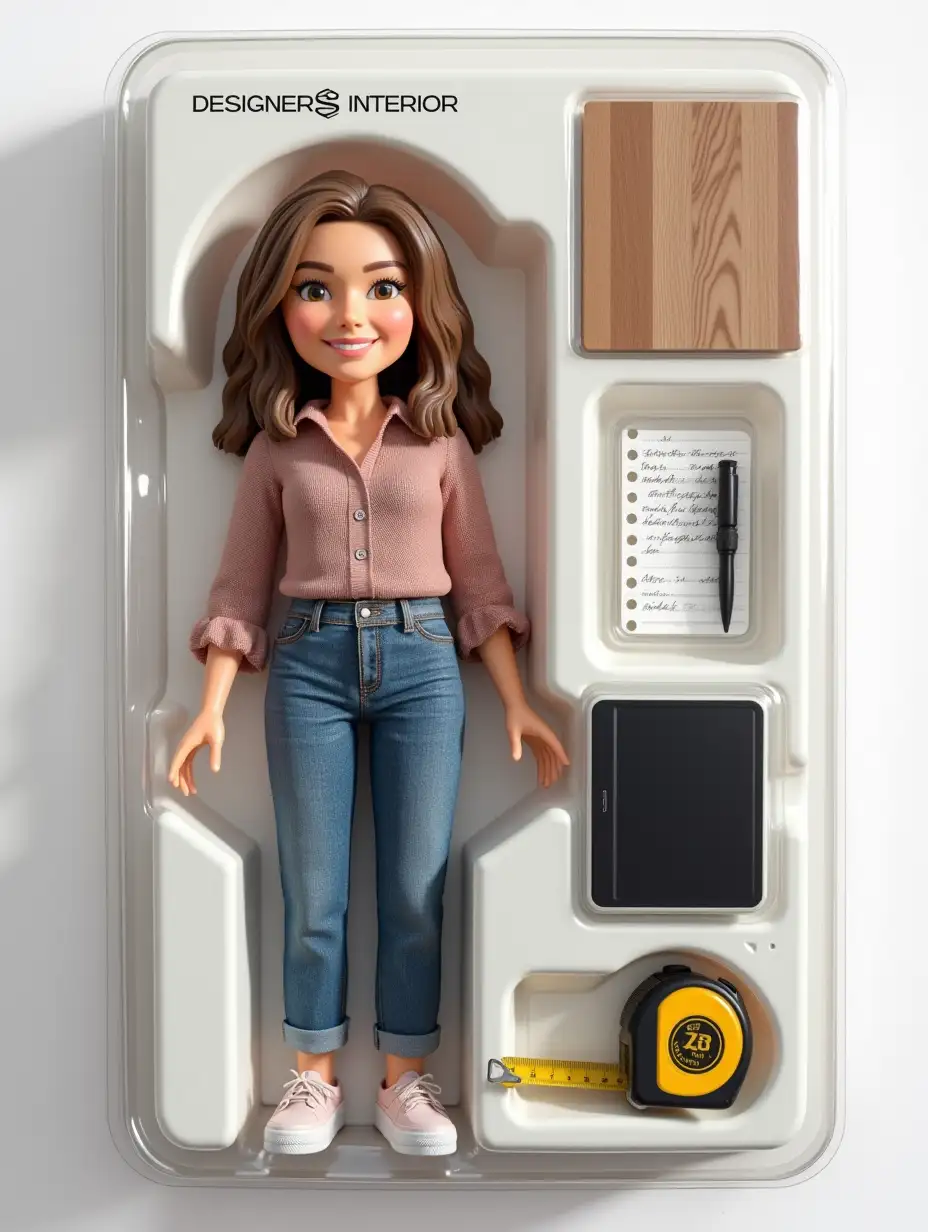 Use this photo of me to create an action figure of myself in a blister pack, in the style like a premium collectible toy. The figure should be standing up and have a relaxed, friendly smile. The blister pack should have a header with the text ‘DESIGNERS INTERIOR’ in large letters and a subheading of ‘Irina and Yekaterina’ below it. Include accessories in compartments to the side of the figure: tablet, tape measure, notepad and pen, flooring samples.