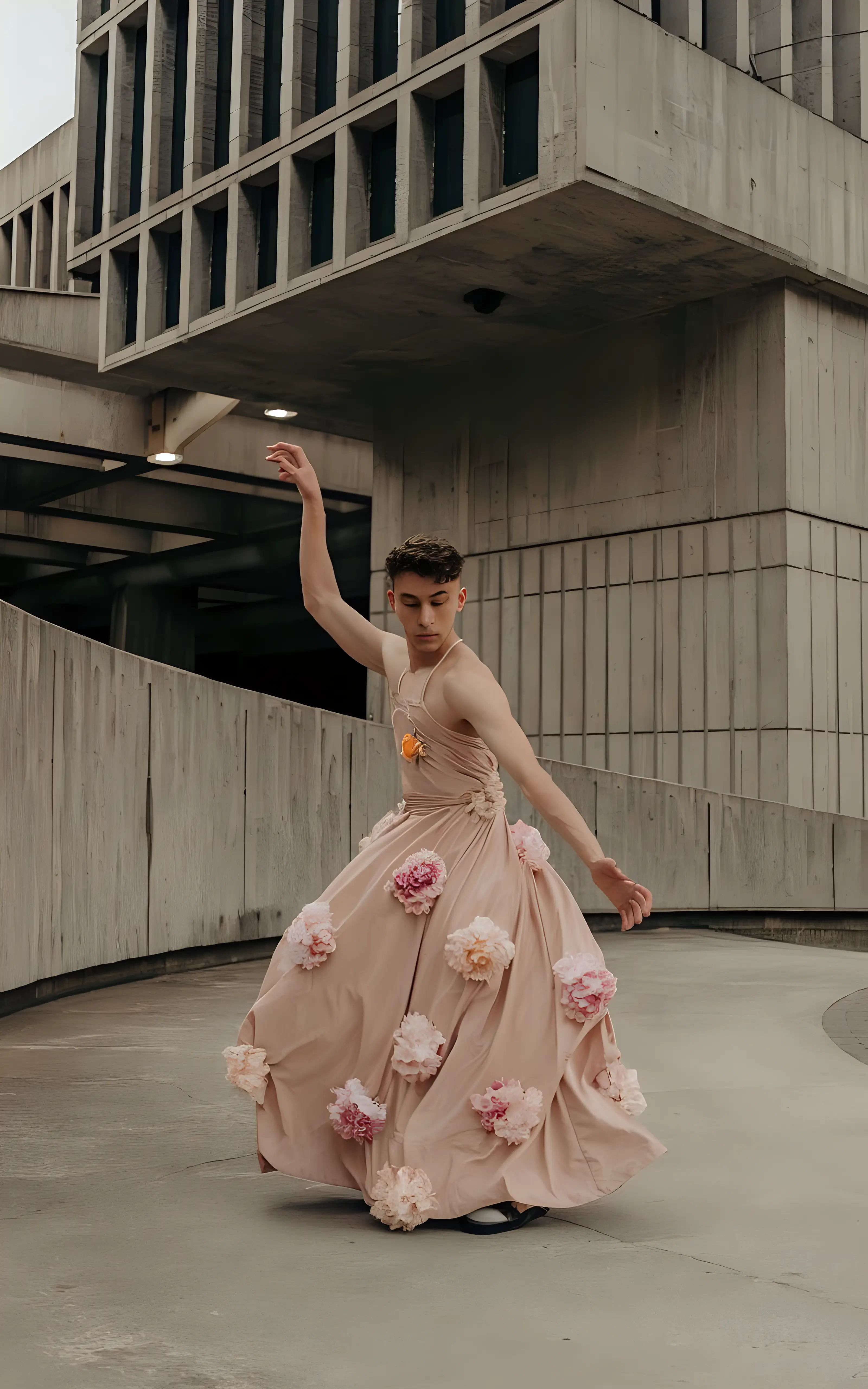 Young Man Dancing in Floral Dress in Brutalist Cityscape