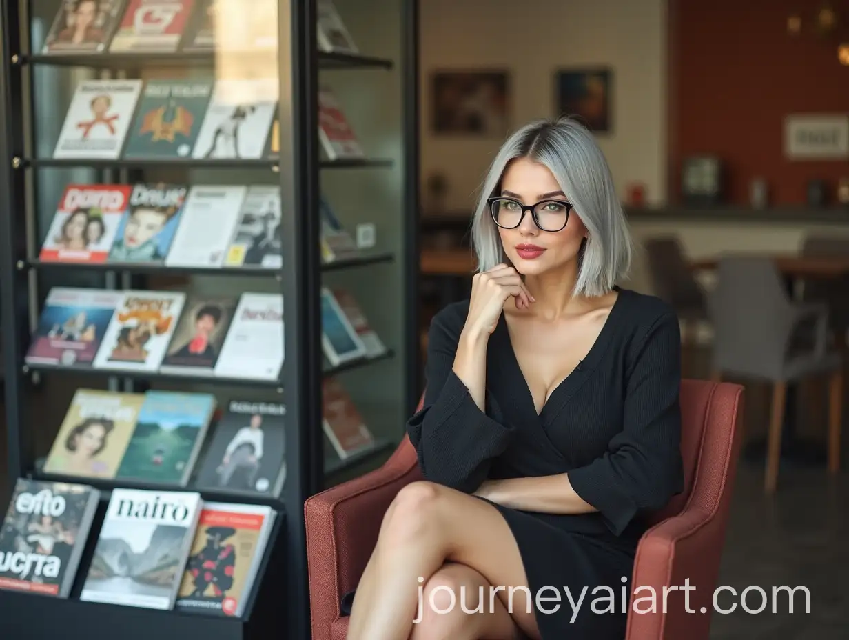 Elegant-Woman-with-Grey-Bob-Cut-in-Glasses-Sitting-Near-Magazine-Stand