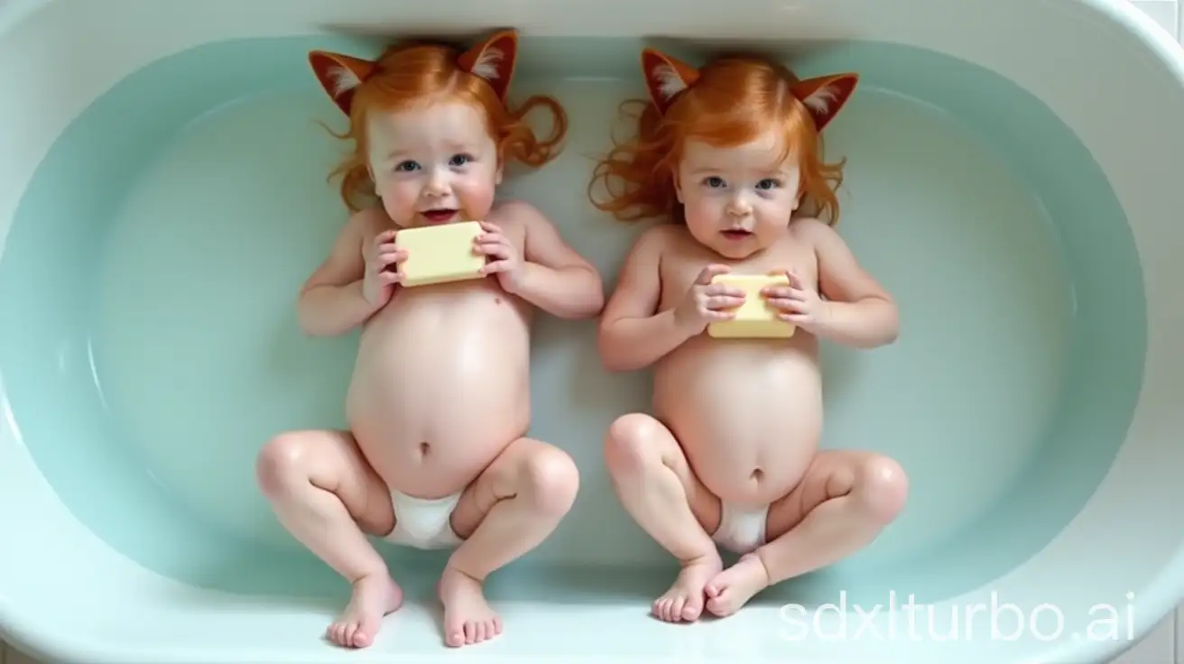 Two-Pregnant-Redhead-Little-Girls-with-Cat-Ears-at-Preschool-Bathtub