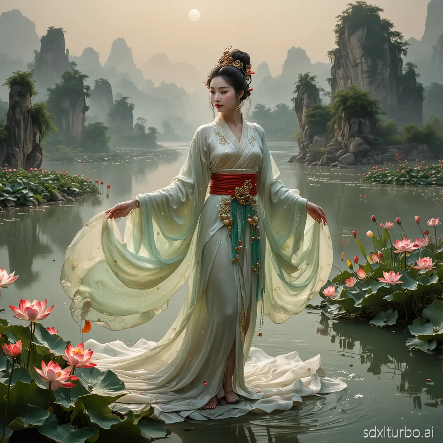 The original appearance of the Luo River Goddess from Cao Zhi's 'Rhapsody on the Luo River Goddess,' graceful as a startled swan, elegant as a swimming dragon. Full and lean in just the right balance, tall and short in perfect harmony. Shoulders like carved jade, waist like wrapped silk. Neck elongated and graceful, complexion fair and exposed. No fragrant oils added, no makeup applied. Tall hairdo high and imposing, long eyebrows delicate and graceful. Red lips bright and shining, white teeth fresh inside. Bright eyes full of charm, dimples adorning the cheeks. Wearing splendid silk robes, adorned with jade and turquoise ornaments. Wearing gold and turquoise jewelry, decorated with pearls that shine on the body. Wearing ornate shoes, trailing light sleeves of misty gauze. Drifting like the wind and swirling snow, distant and viewed, bright as the rising sun among morning clouds. Close and observed, radiant as a lotus emerging from green water. Background set on the Luo River, with misty clouds, rising morning clouds, and lotus flowers scattered. Traditional Chinese meticulous and colorful painting style, extremely high detail, cinematic lighting, ethereal and fairy-like.