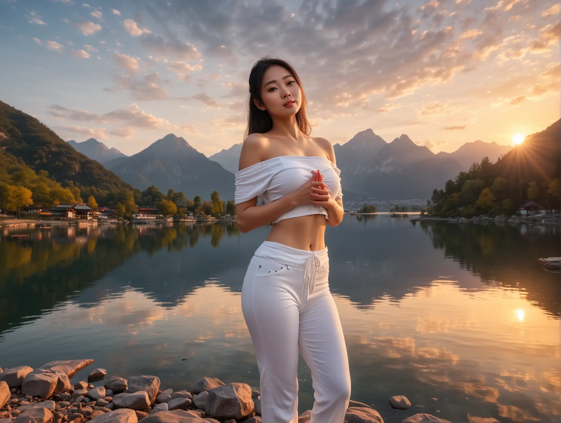 Beautiful-Chinese-Girl-by-the-Lake-at-Sunset