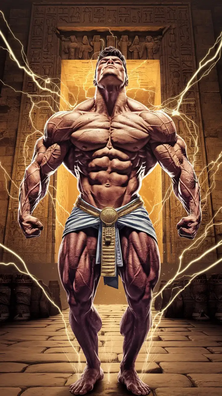 Powerfully muscled, hugely ripped, pumped, bodybuilder musclegod reverently receives the powers of the ancient Pharaohs, becomes a mighty superhero. Golden luminous electricity. 24 years old. Photorealistic.