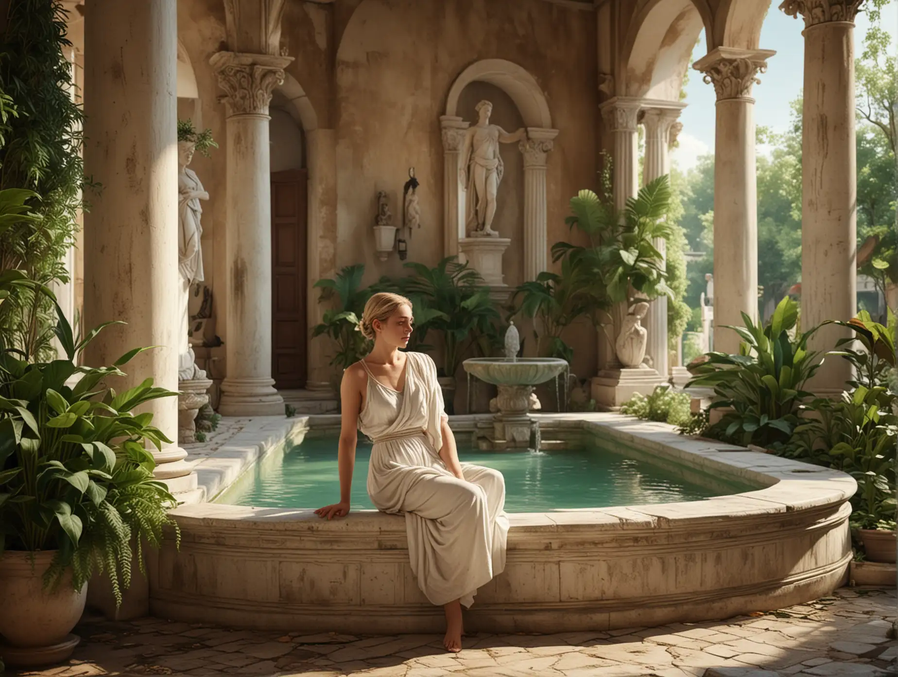 Woman-in-White-Toga-Sitting-by-Fountain-in-GrecoRoman-Villa