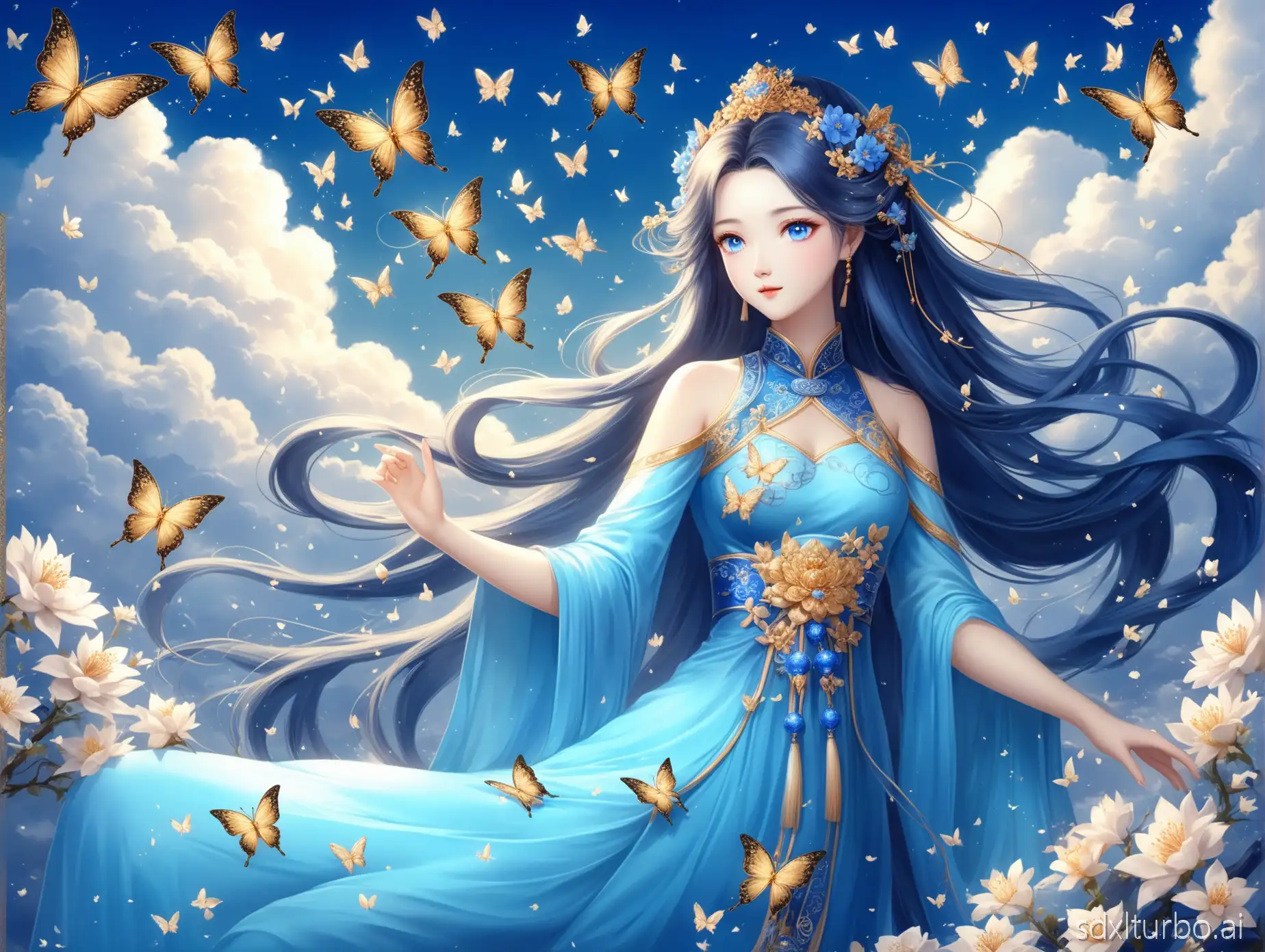 A Chinese goddess who is pure, beautiful, and full of love, with very beautiful blue eyes sparkling with love, long hair with elegant hair accessories, a flowing blue dress, and a background of butterflies, flowers, and clouds.