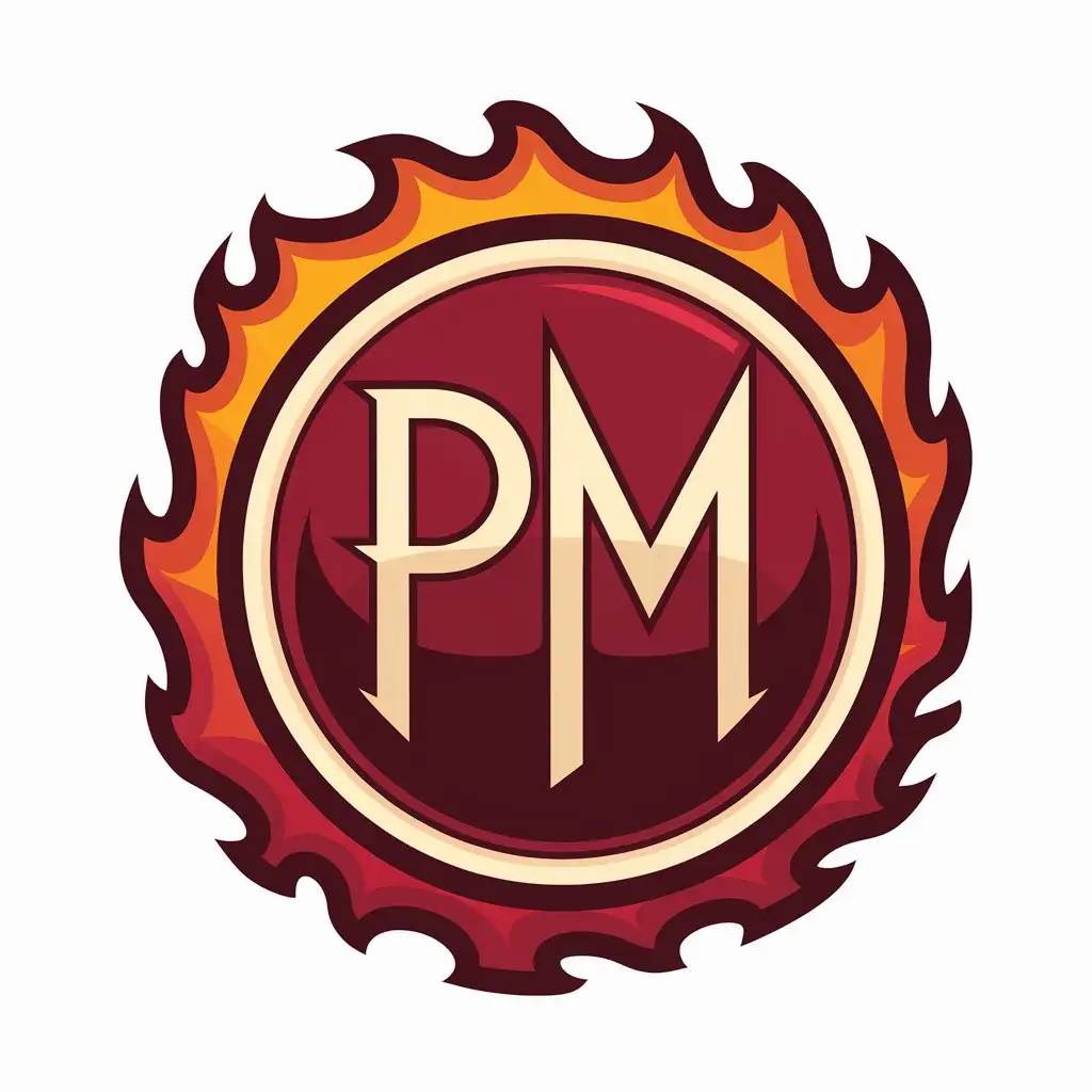 LOGO-Design-For-PM-Round-Logo-with-Fire-Rim-on-Dark-Crimson-Background