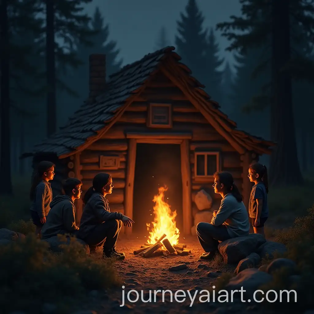 Teenagers-and-Little-Girl-Listening-to-Story-in-Cozy-Cabin-with-Fire-and-Blind-Elder