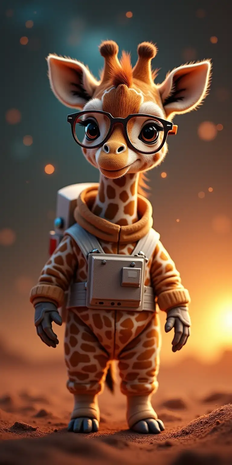 small little baby giraffe with glasses dressed as an astronaut in the space and the sun