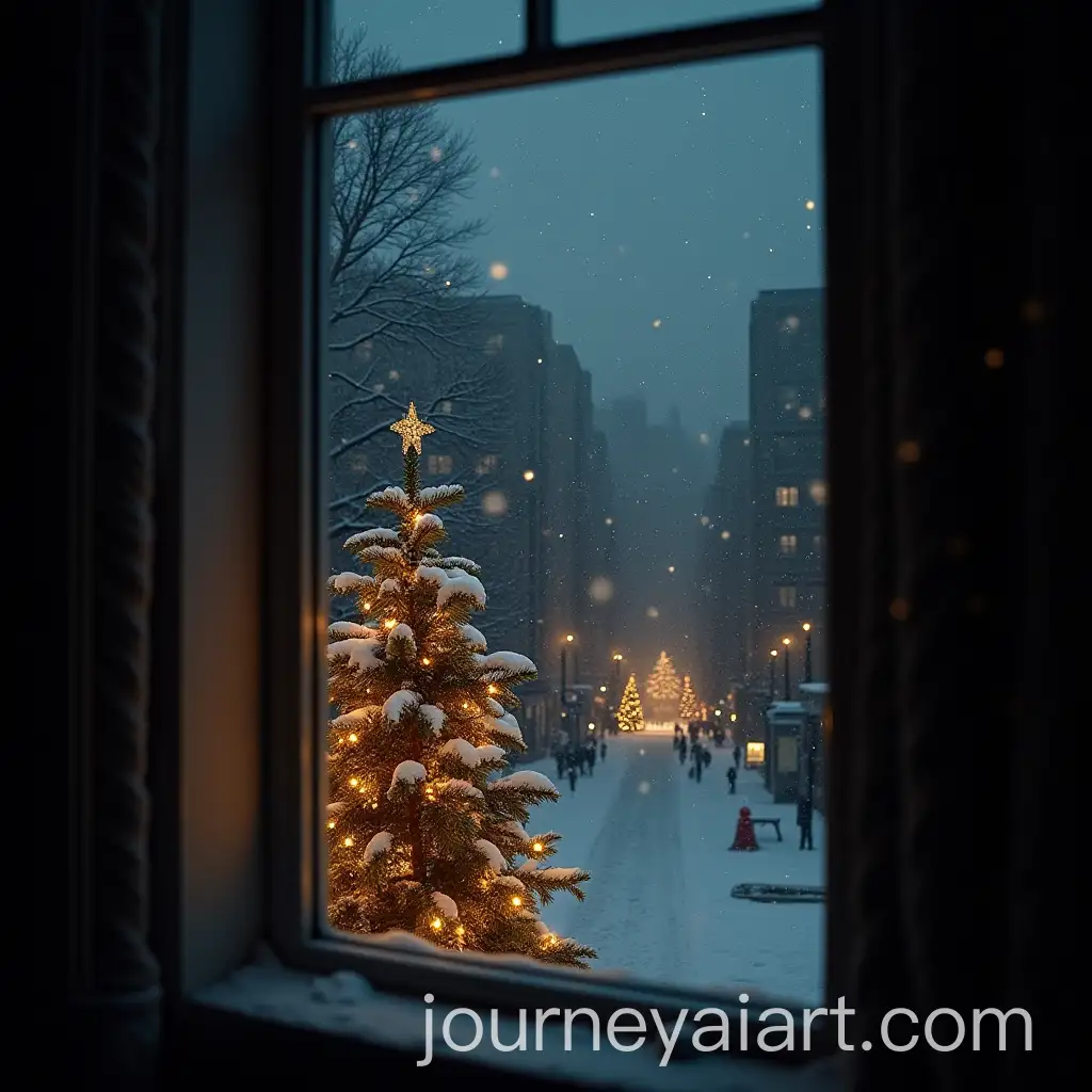 Christmas-Scene-with-Snowy-Window-View-and-Christmas-Trees-in-Atmospheric-Cityscape