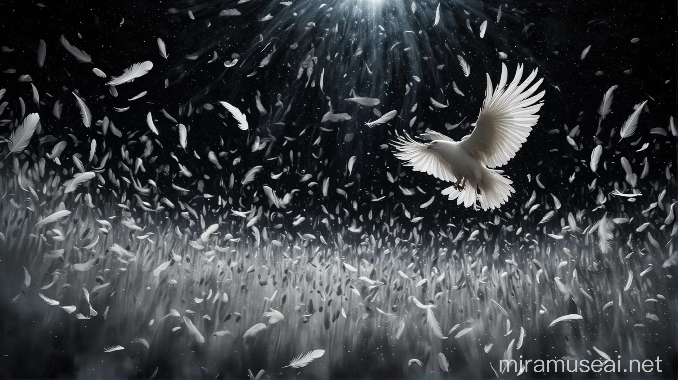 Ethereal White Bird Feathers Falling in Cosmic Darkness