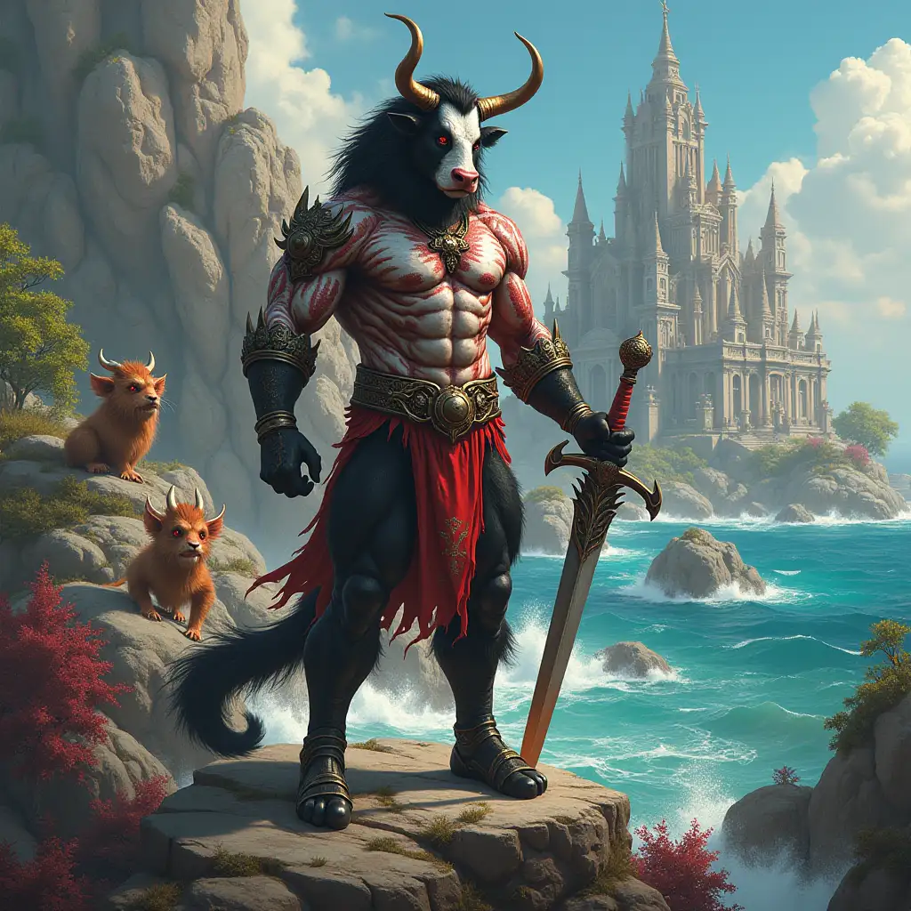 Ultradetailed hyperrealistic portrait black red white cow pattern bodybuilder with horns and fur, with a sword in hand on a rock before a temple with various strange creatures with elaborately detailed, colorful sea, city, rocks