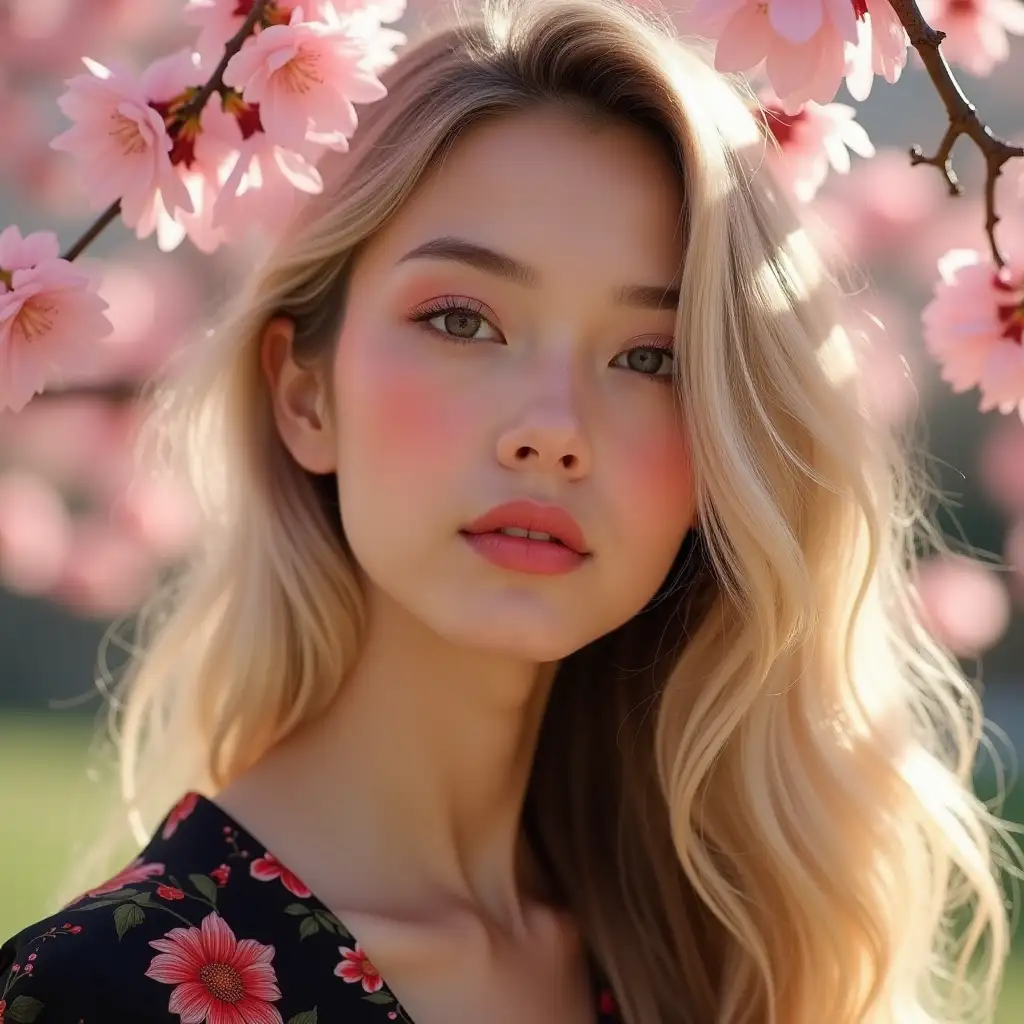 A close-up portrait of a young woman with soft, natural features and delicate makeup, emphasizing her rosy cheeks and coral lips. She has long, flowing blonde hair styled in loose waves, with a gentle, dreamy expression on her face. The background features a soft blur of cherry blossoms, creating a warm, serene atmosphere. Her outfit is a black and red floral-patterned garment, complementing the blossoms and adding a traditional yet elegant aesthetic. The lighting is soft and diffused, enhancing the pastel tones and giving the image a gentle, ethereal quality.