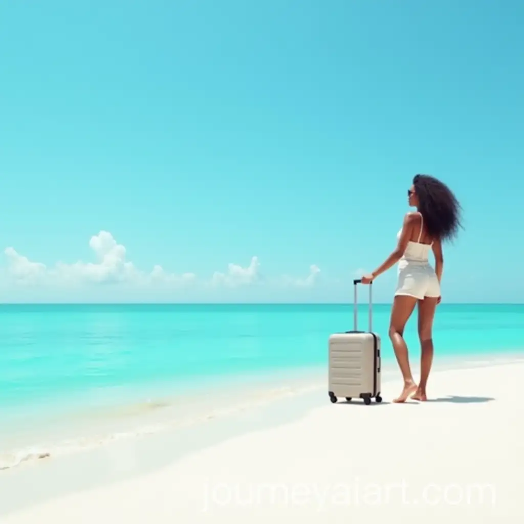 Modern-Biracial-Woman-on-Serene-Beach-with-Chic-Suitcase