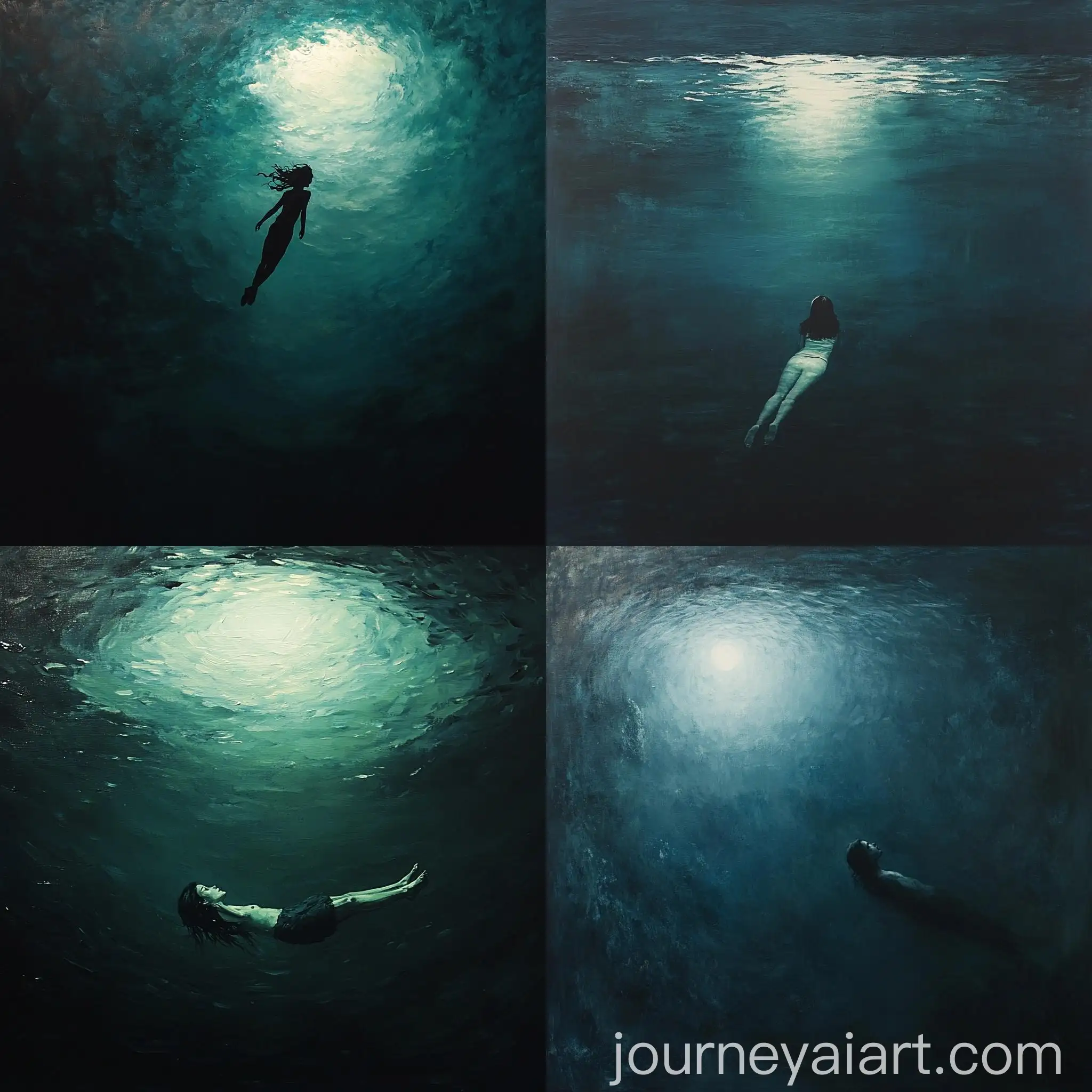 Unconscious-Girl-Floating-in-Dark-Deep-Sea-with-Distant-Light