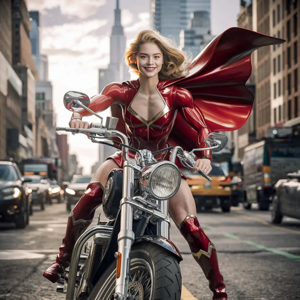 Muscular Teen Supergirl Riding Motorcycle through New York City