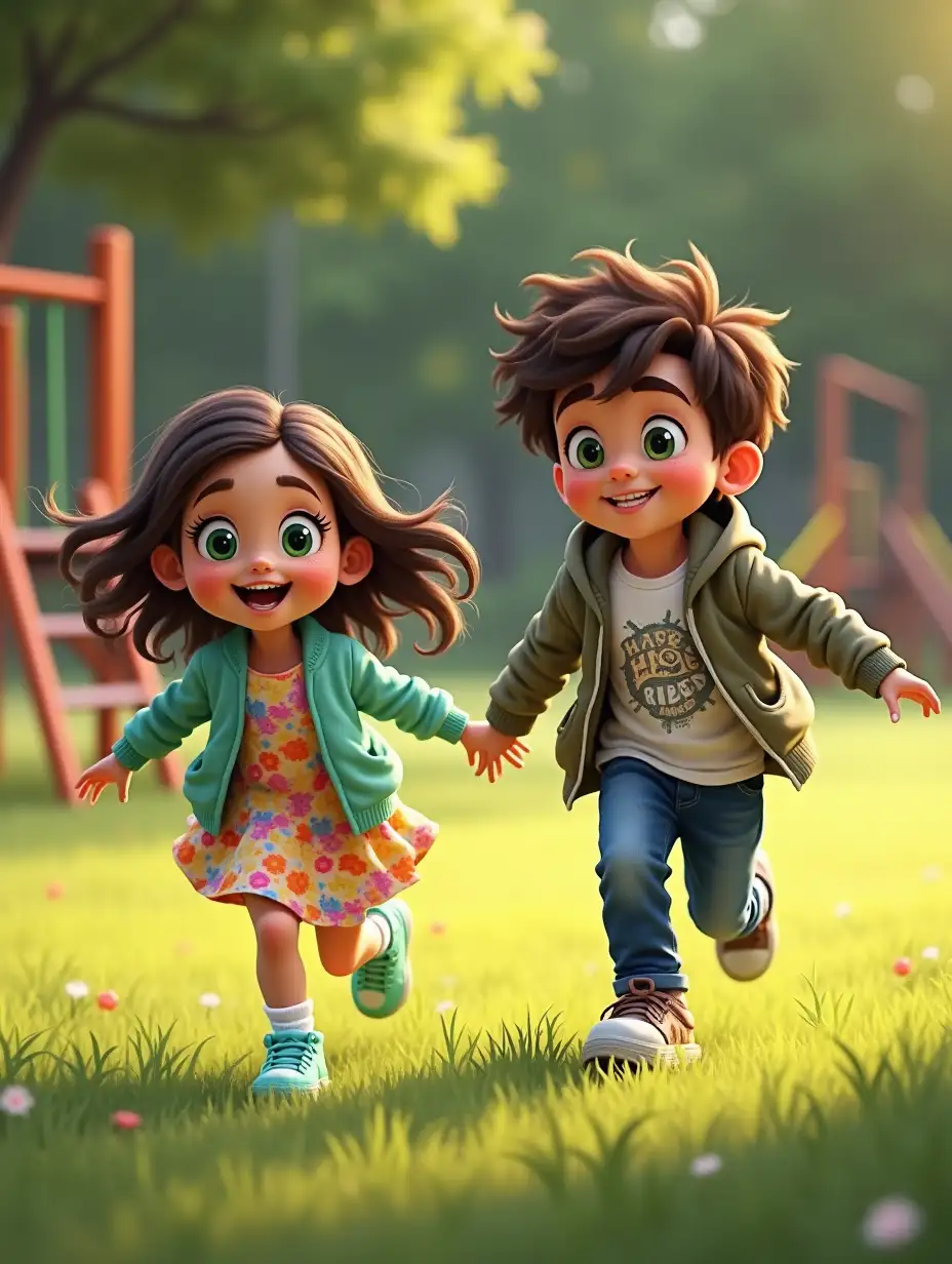 Mia, a 10-year-old girl with big green eyes, wavy brown hair, and a bright smile, is wearing a colorful floral dress, a mint-green cardigan, and light-up sneakers. She's playing in the park with her friend Leo, a 12-year-old boy with a round, freckled face, bright green eyes, messy dark brown curls, and an easy smile. Leo is wearing a graphic tee, a slightly too-big hoodie, worn jeans, and scuffed sneakers. They are both laughing and running across the grassy field, surrounded by trees, with a playground in the background. The scene is filled with sunlight, and both kids are full of energy, ready for their next adventure.