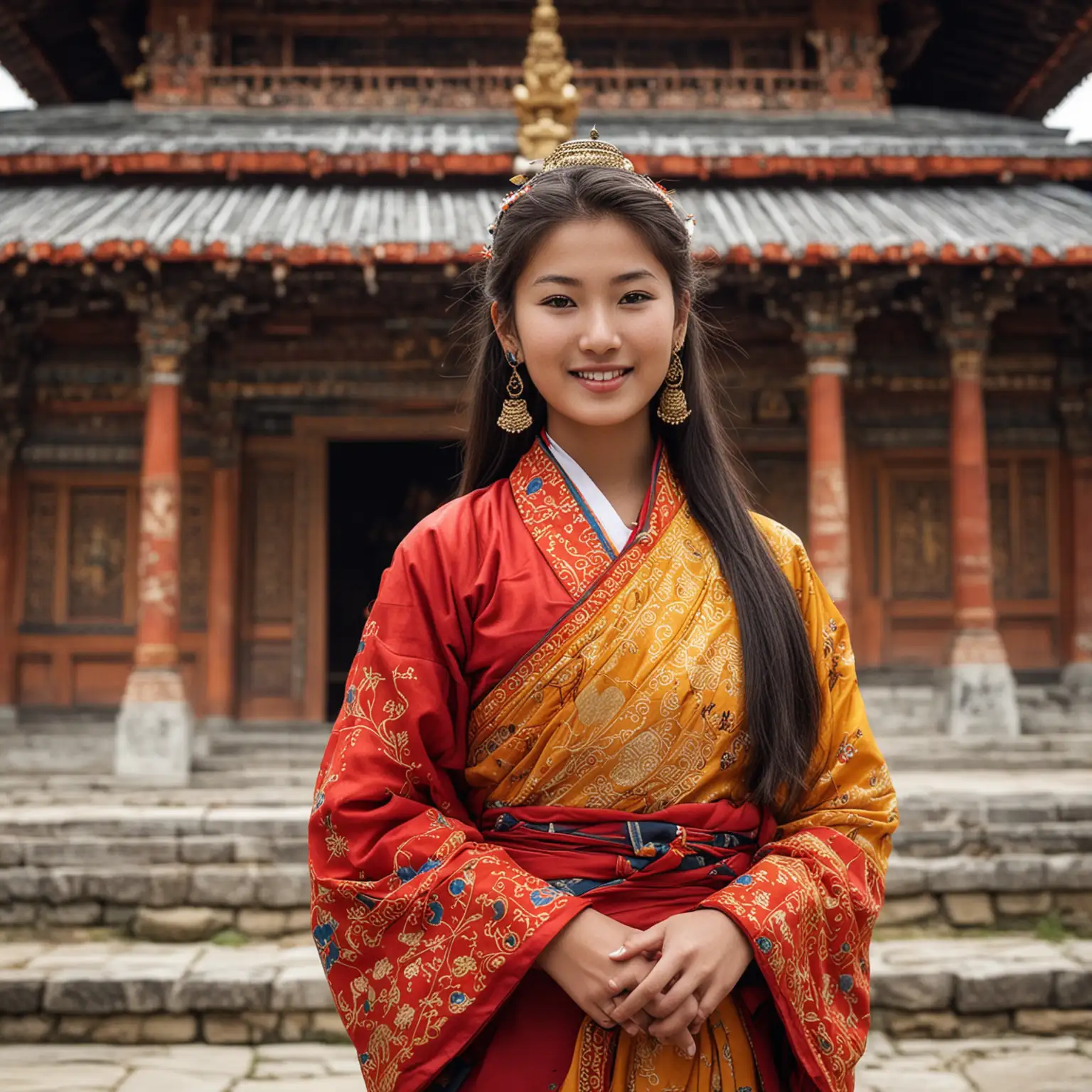 Bhutanese Model Posing in Traditional Attire at Temple