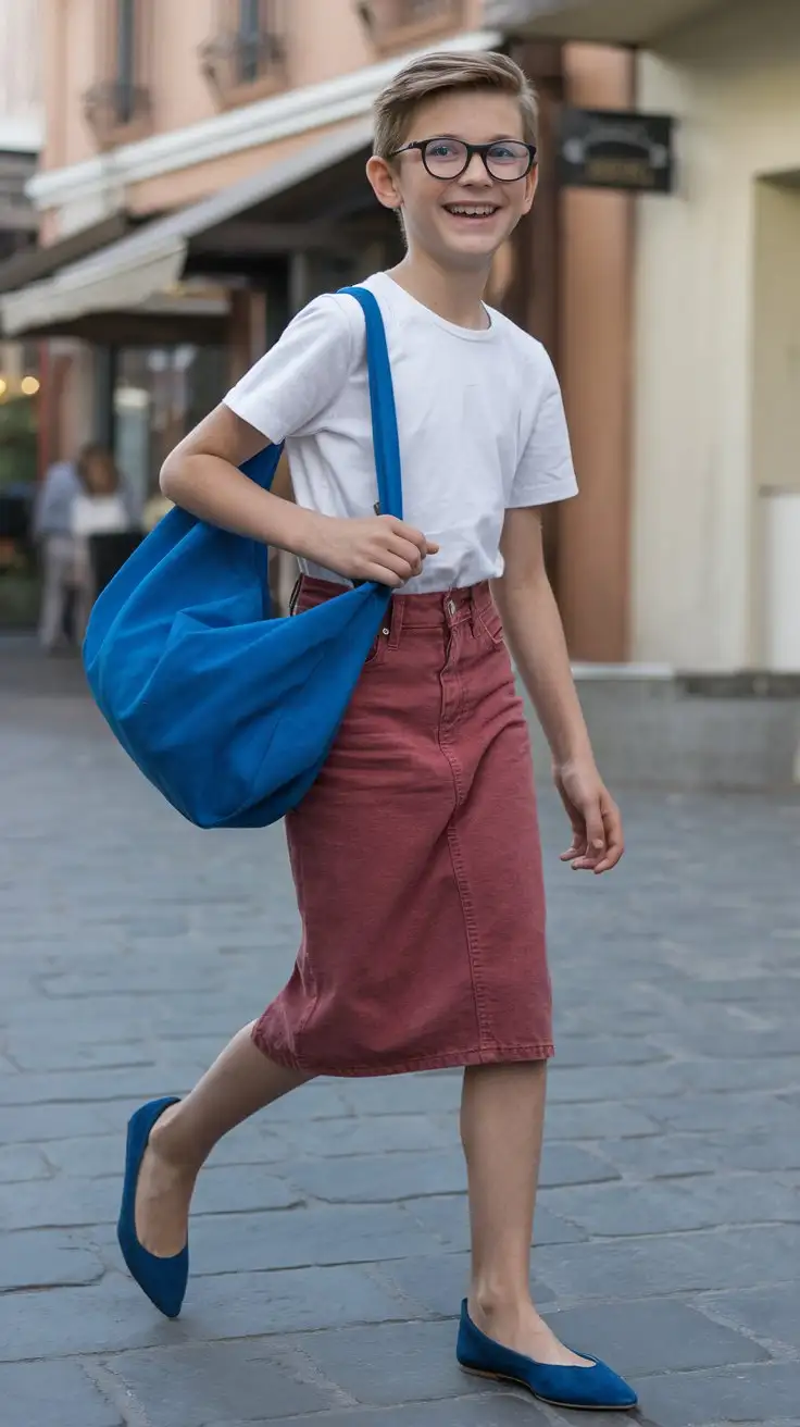 little young 12 year old boy wear white t shirt and a red denim pencil skirt and blue suede pointed toe ballet flats and walking in town and carries a blue shoulder bag and smiling and slim glasses