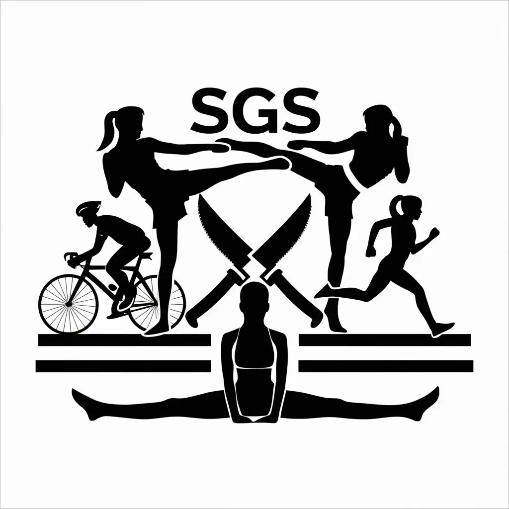 a vector logo design,with the text "SGS", main symbol:girl in backdrop doing side kick and fighter doing side kick, a cyclist on one side, running girl on the other side, two crossed knives in center, a girl sitting in horizontal split in front,complex,be used in Sports Fitness industry,clear background