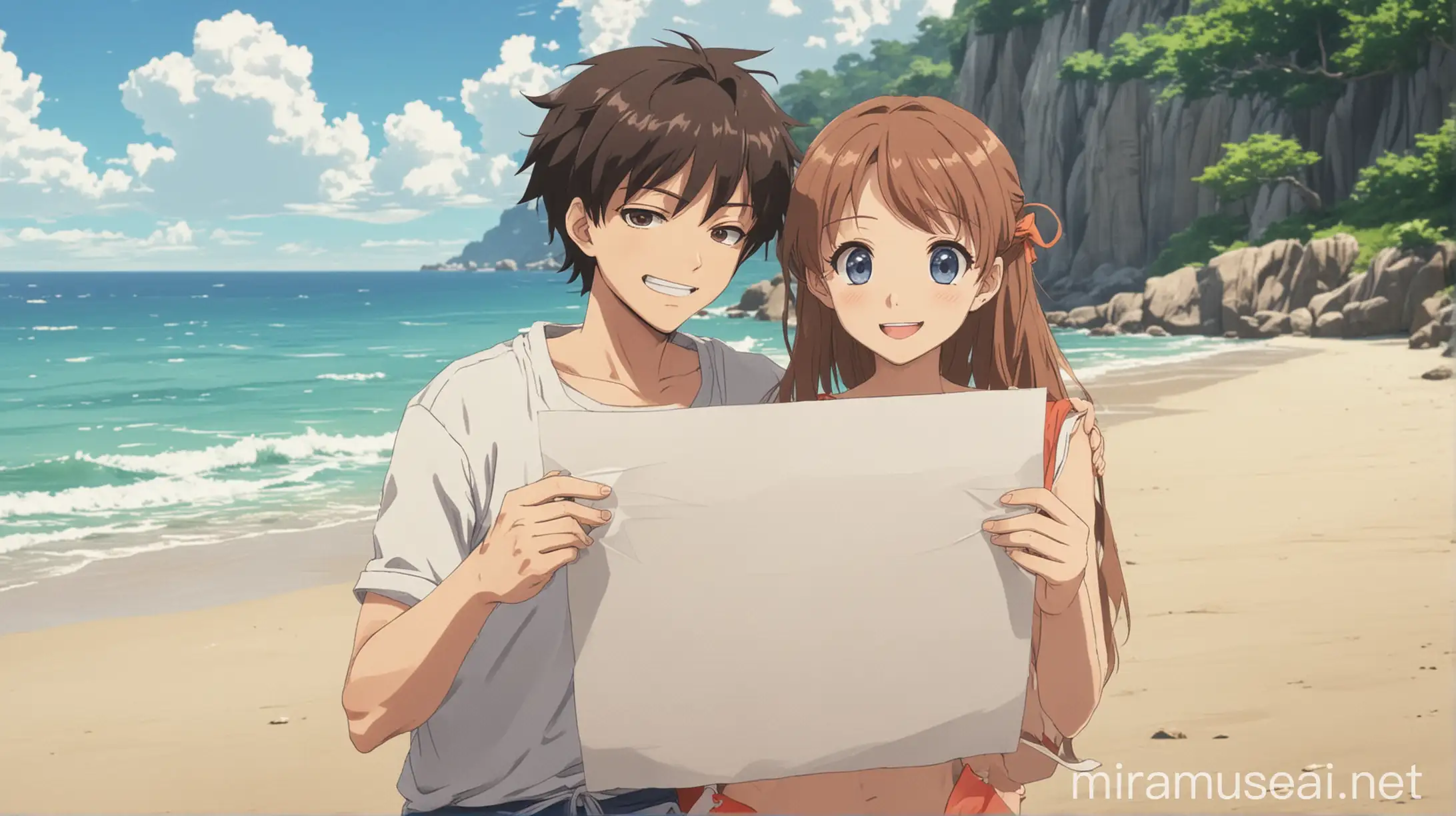 Smiling Anime Couple Holding Paper on Beach